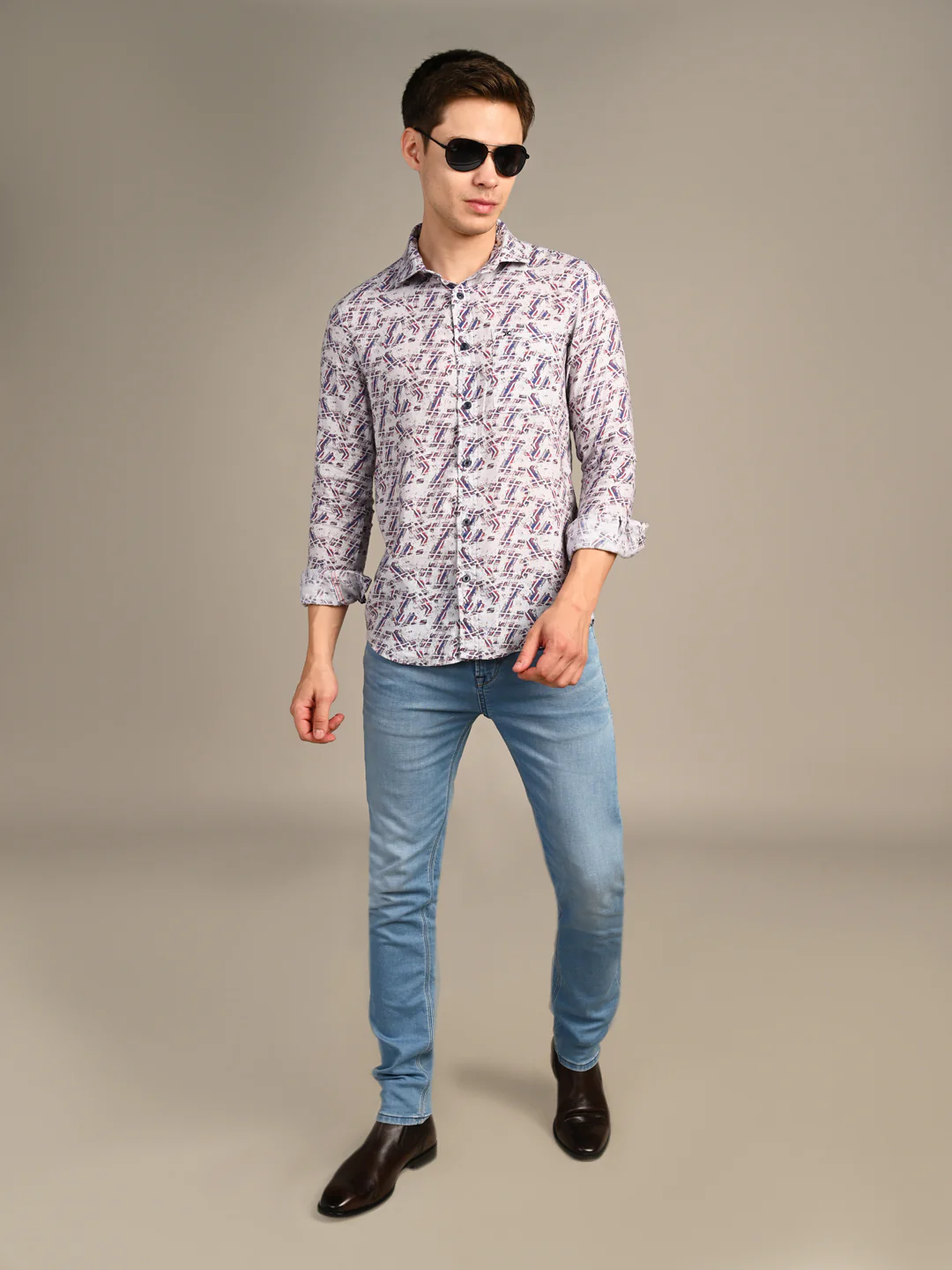 Full Sleeves Straight Fit Maroon All-Over Pure Linen Print Shirt - Image 3