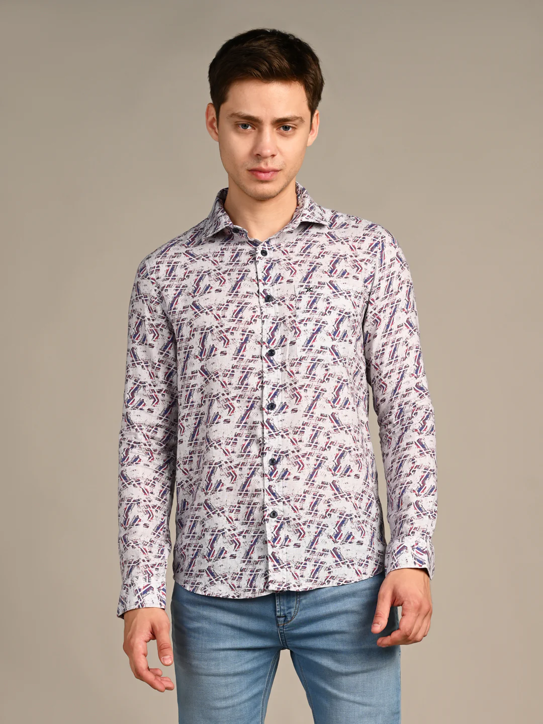 Full Sleeves Straight Fit Maroon All-Over Pure Linen Print Shirt - Image 4