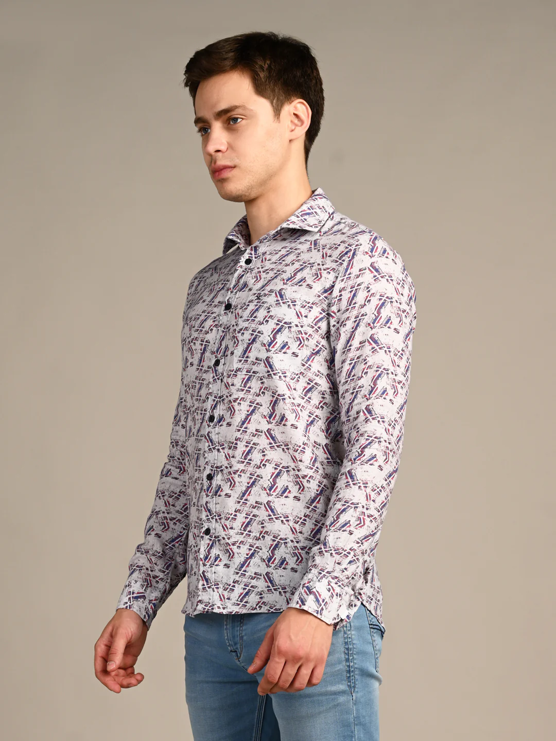 Full Sleeves Straight Fit Maroon All-Over Pure Linen Print Shirt - Image 5