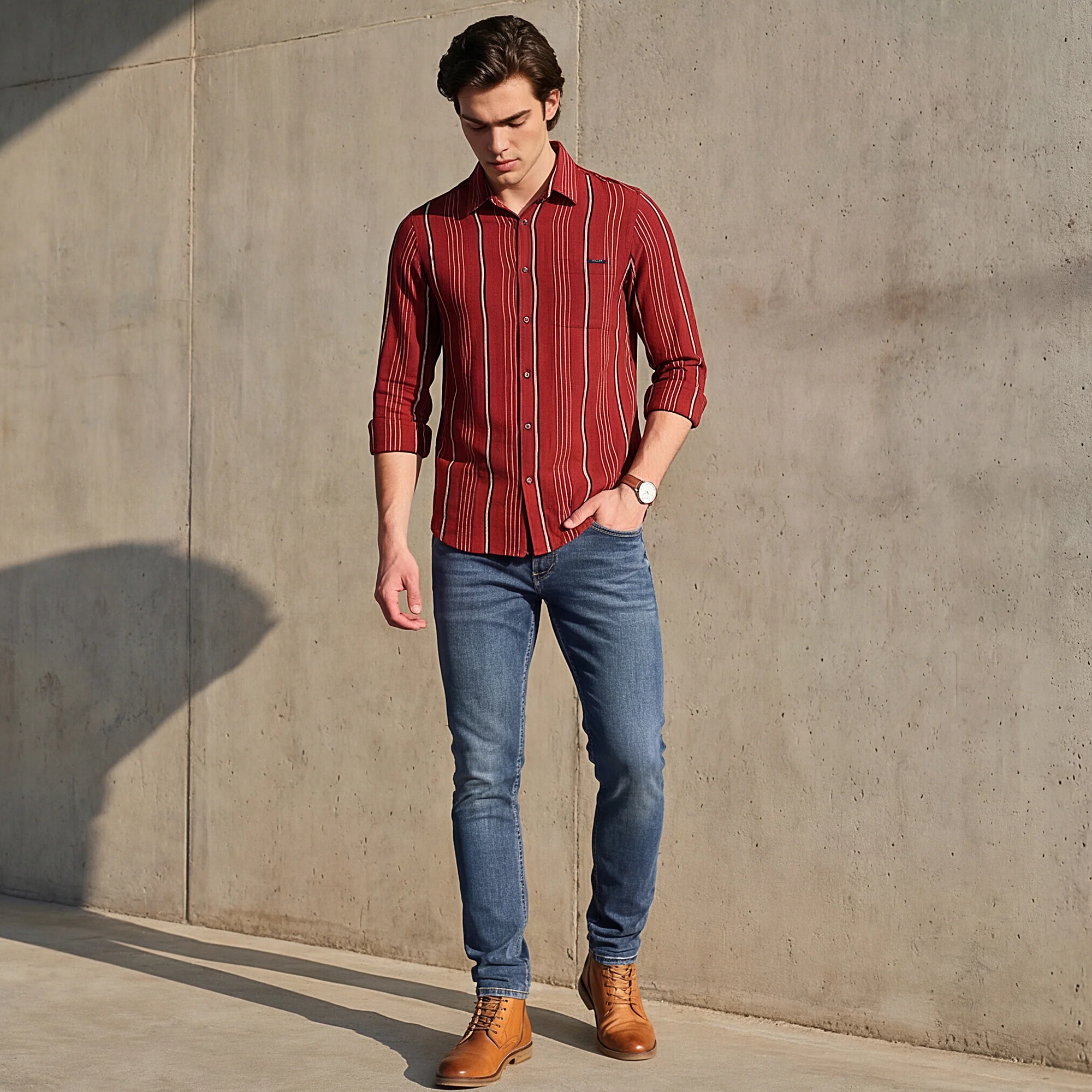 Full Sleeves Slim Fit Maroon Structure Stripe Shirt