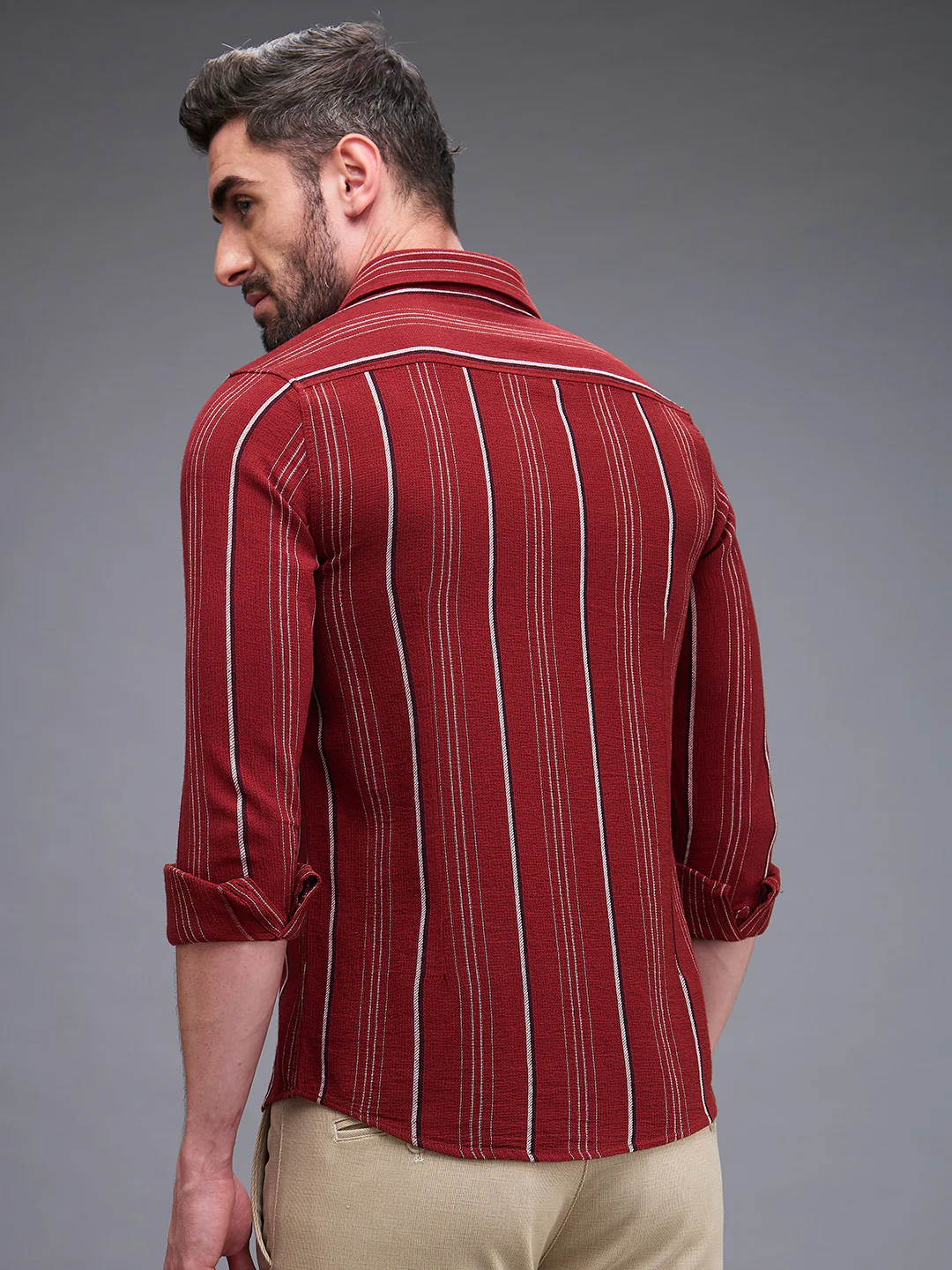Full Sleeves Slim Fit Maroon Structure Stripe Shirt - Image 5