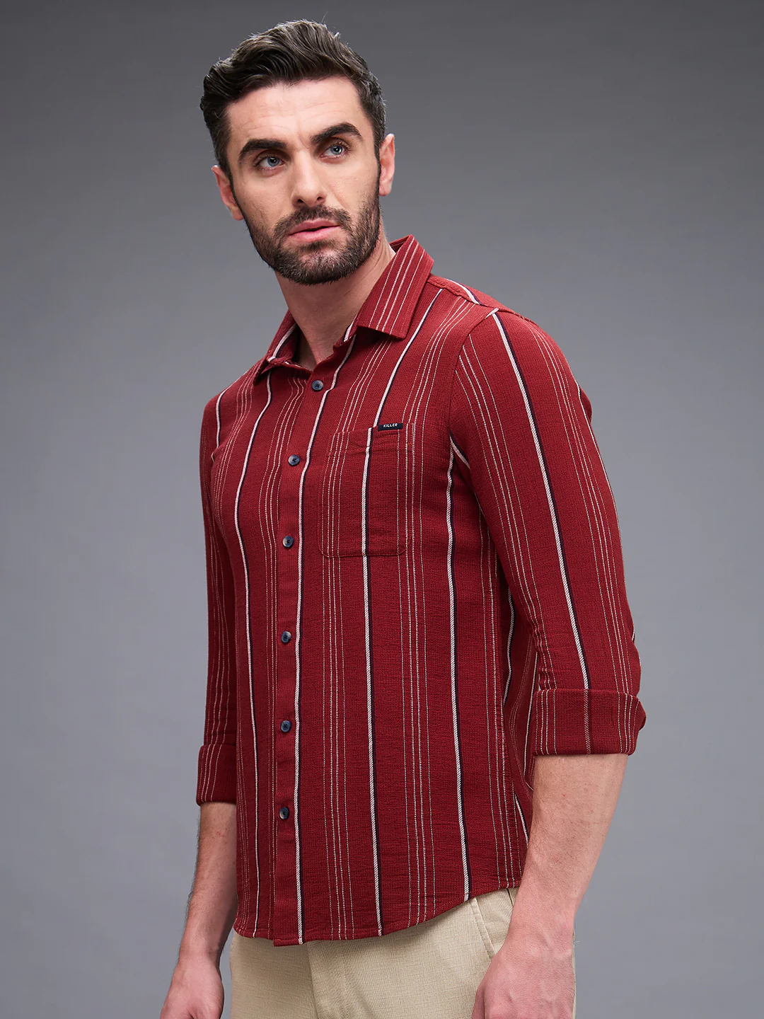 Full Sleeves Slim Fit Maroon Structure Stripe Shirt - Image 6