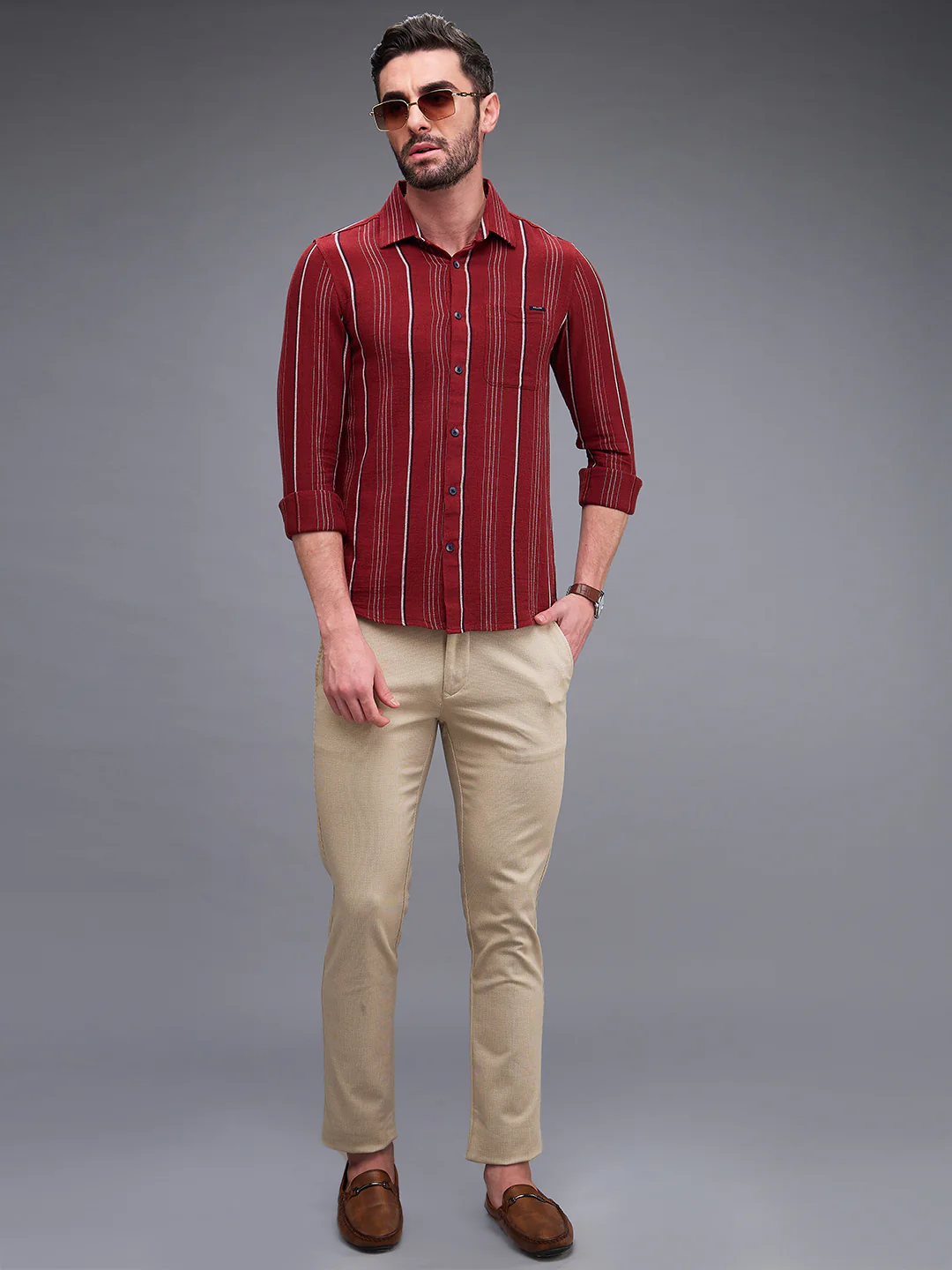 Full Sleeves Slim Fit Maroon Structure Stripe Shirt - Image 8