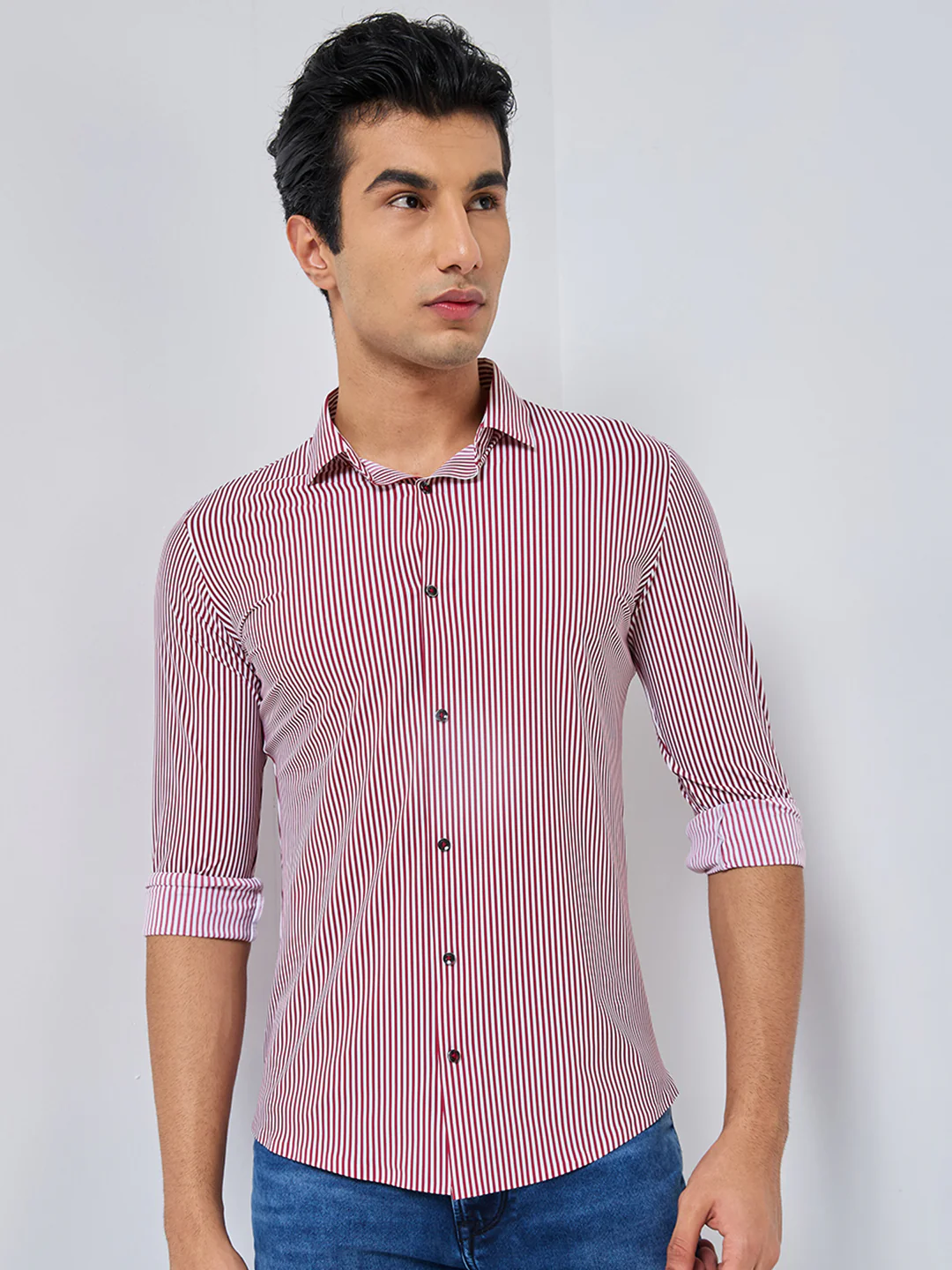 Full Sleeves Slim Fit Maroon Fine Knit Stripe Shirt - Image 3