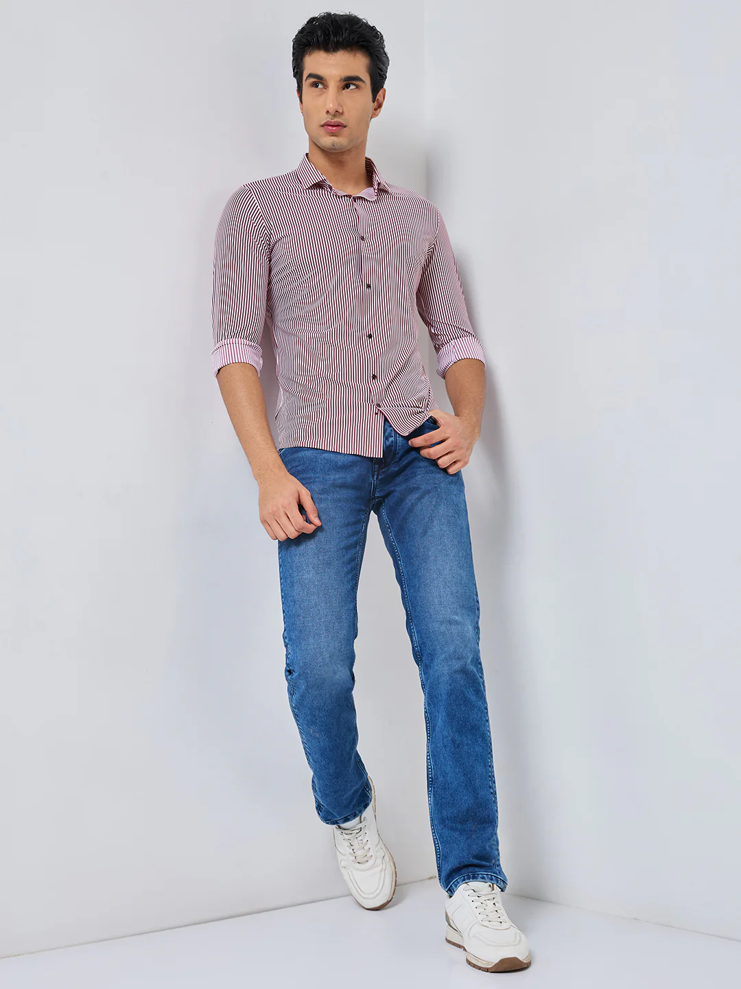 Full Sleeves Slim Fit Maroon Fine Knit Stripe Shirt - Image 4