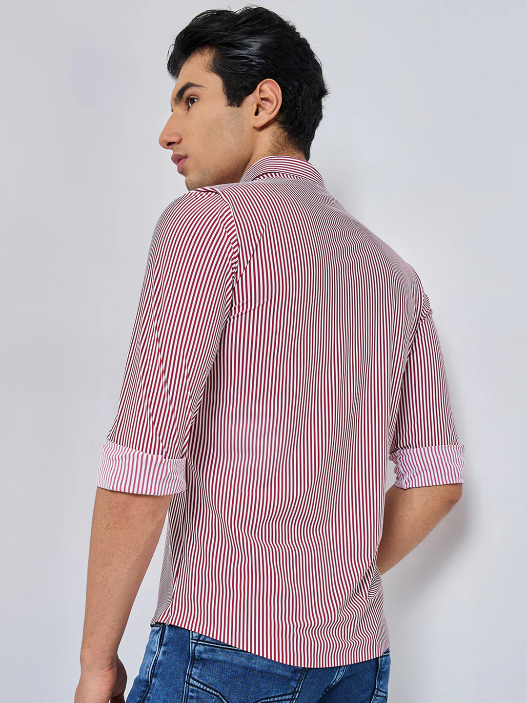 Full Sleeves Slim Fit Maroon Fine Knit Stripe Shirt - Image 5