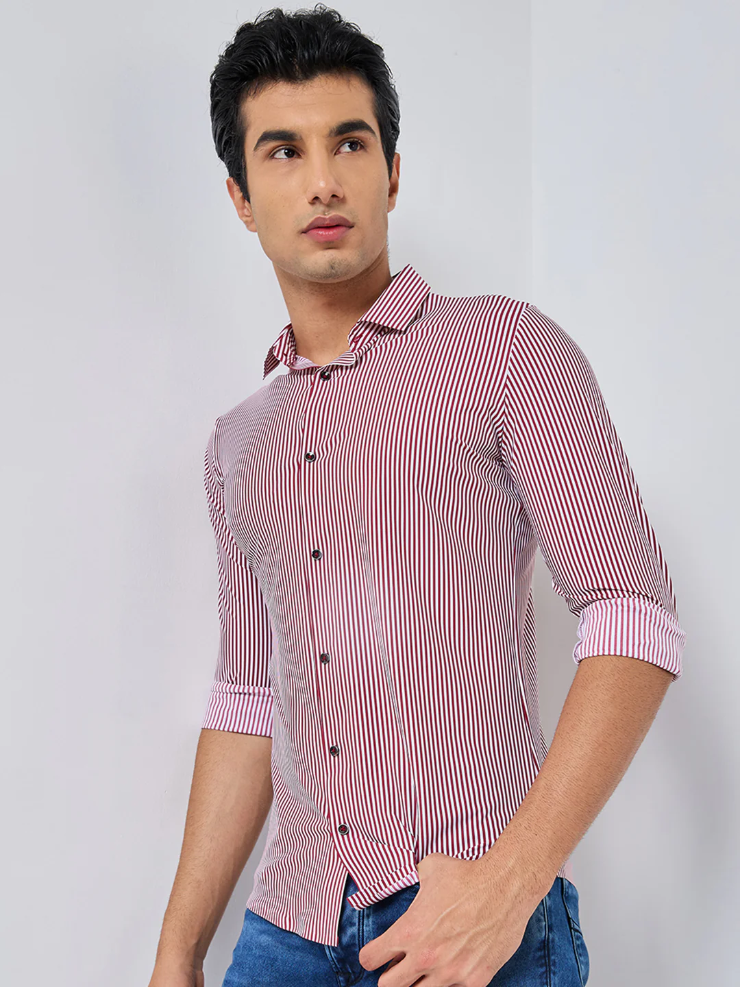 Full Sleeves Slim Fit Maroon Fine Knit Stripe Shirt - Image 6