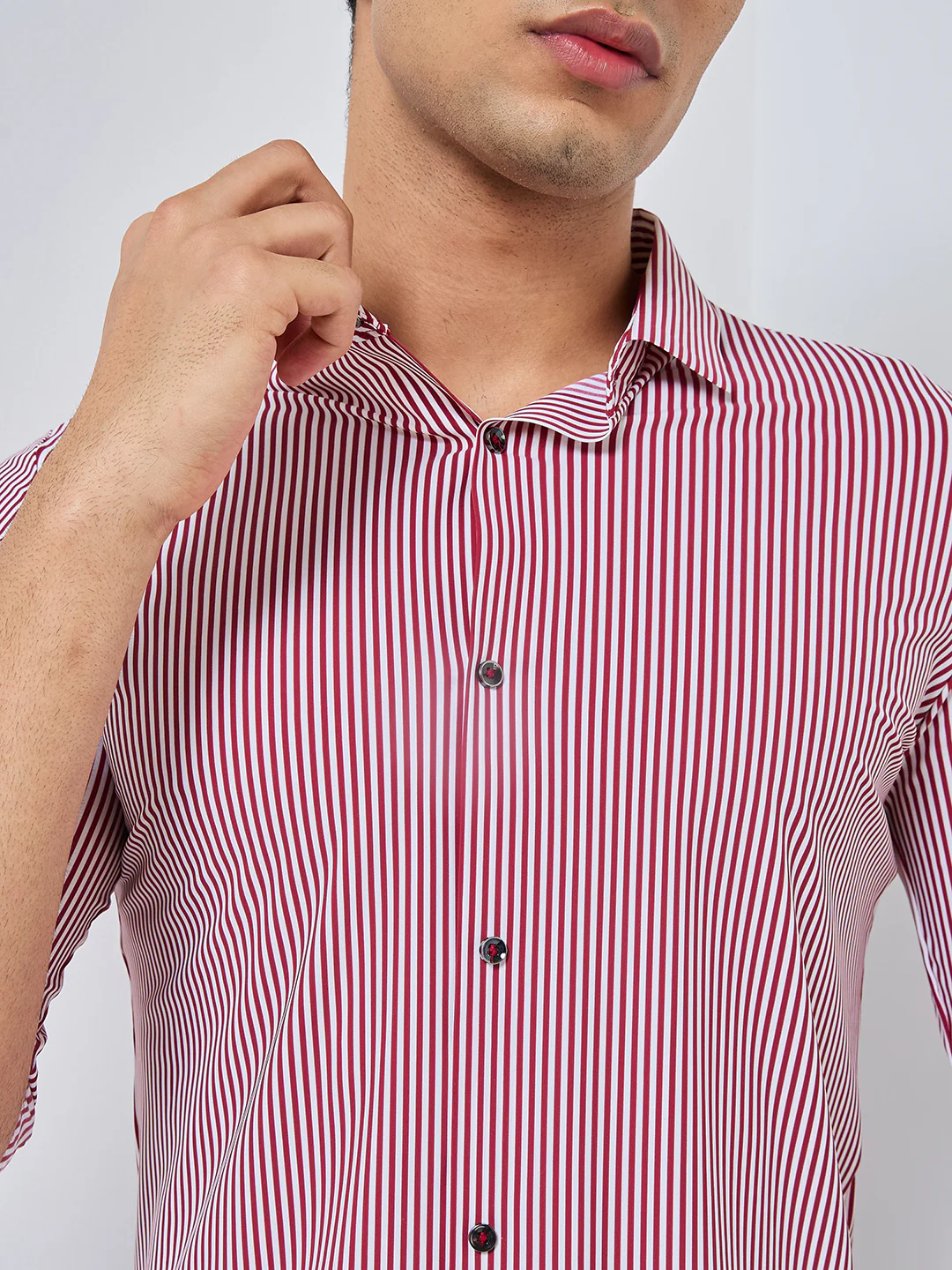 Full Sleeves Slim Fit Maroon Fine Knit Stripe Shirt - Image 7