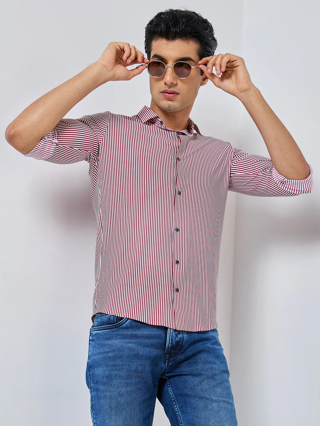 Full Sleeves Slim Fit Maroon Fine Knit Stripe Shirt - Image 8