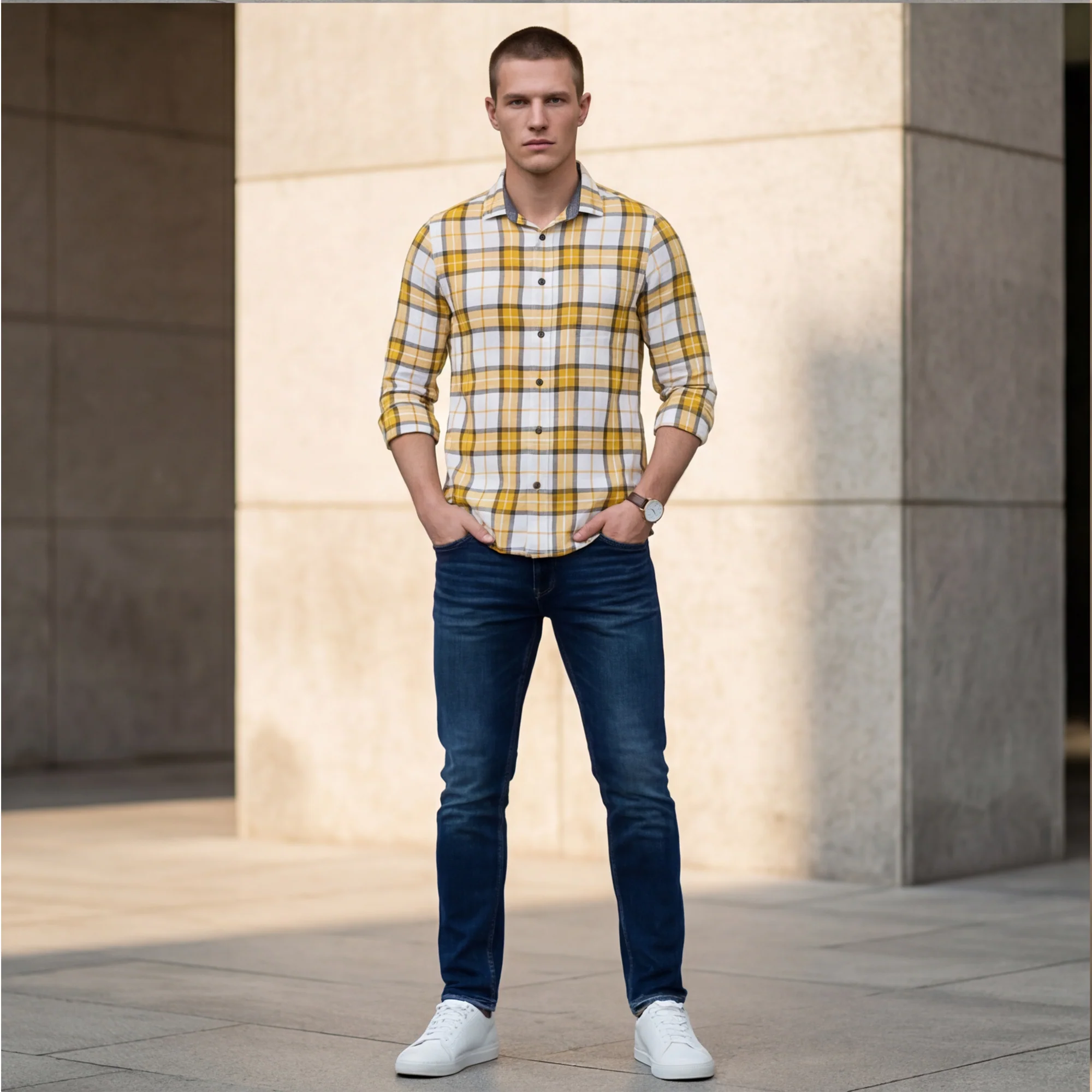 Full sleeves Slim Fit Mustard Brushed Checks Shirt