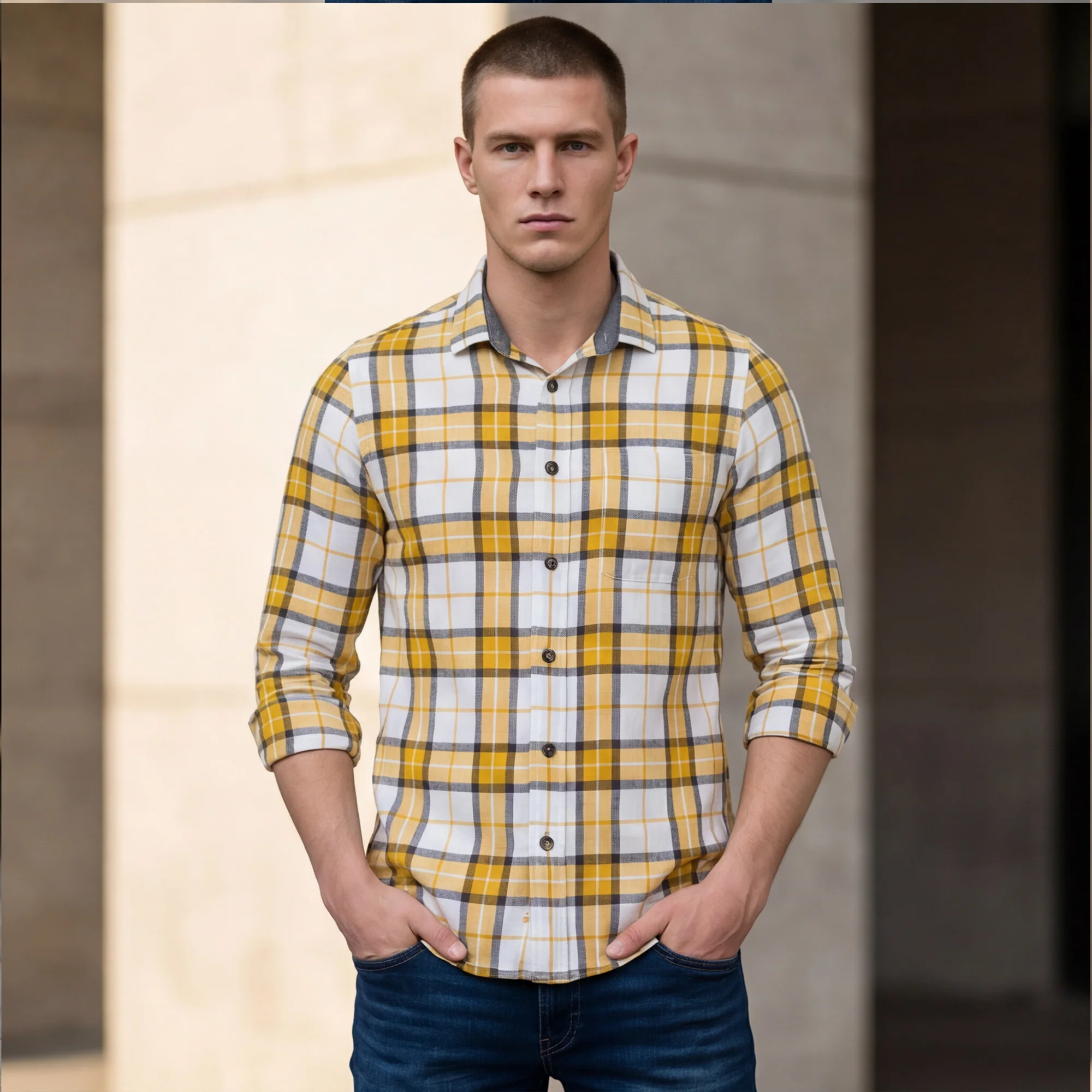 Full sleeves Slim Fit Mustard Brushed Checks Shirt - Image 2