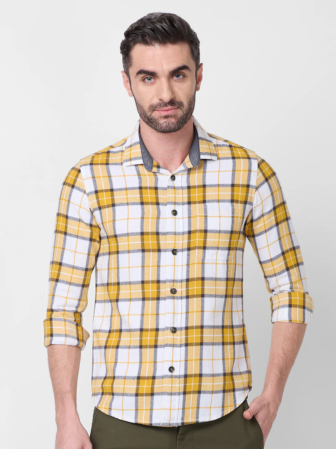 Full sleeves Slim Fit Mustard Brushed Checks Shirt - Image 3