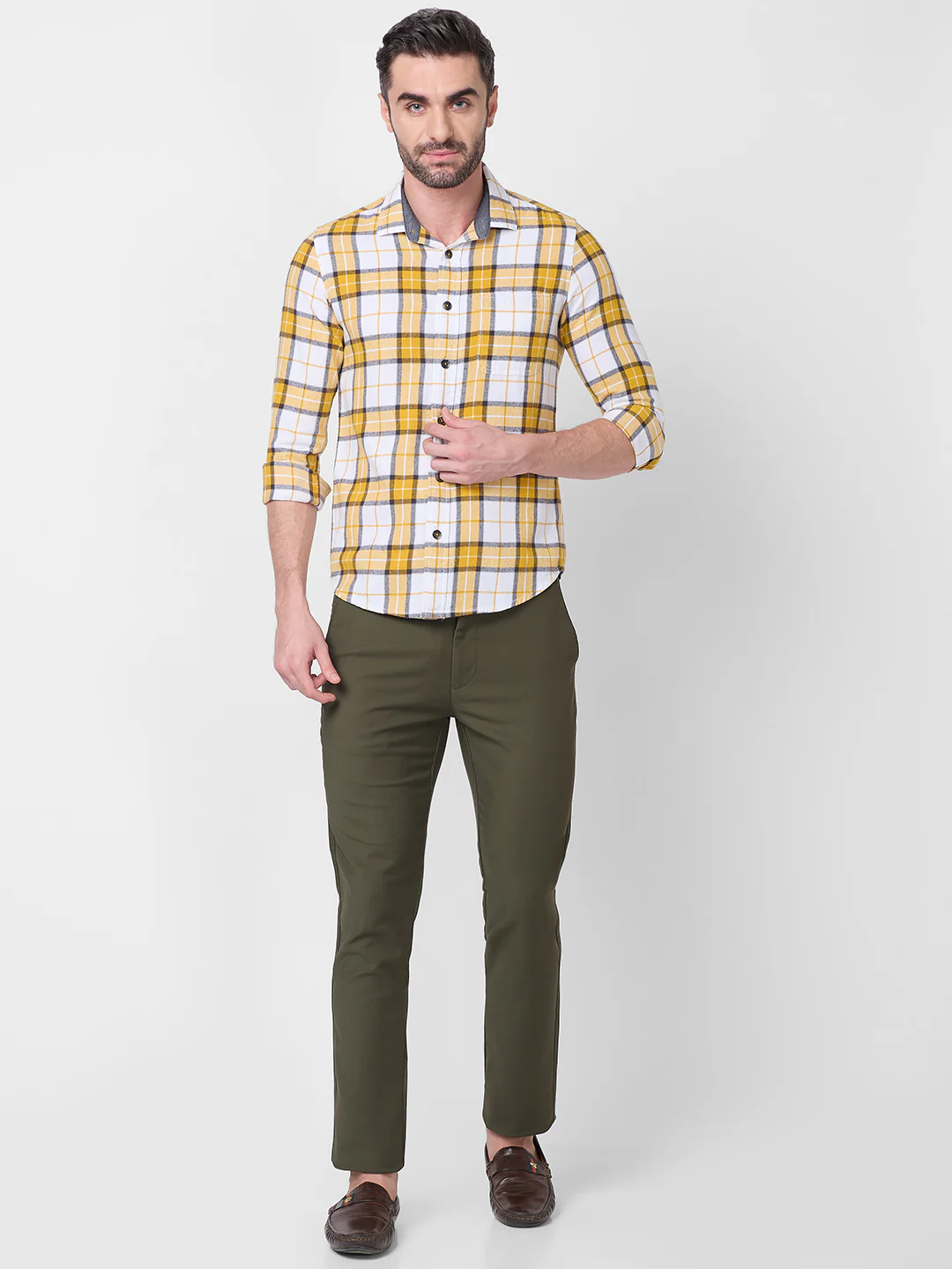 Full sleeves Slim Fit Mustard Brushed Checks Shirt - Image 4