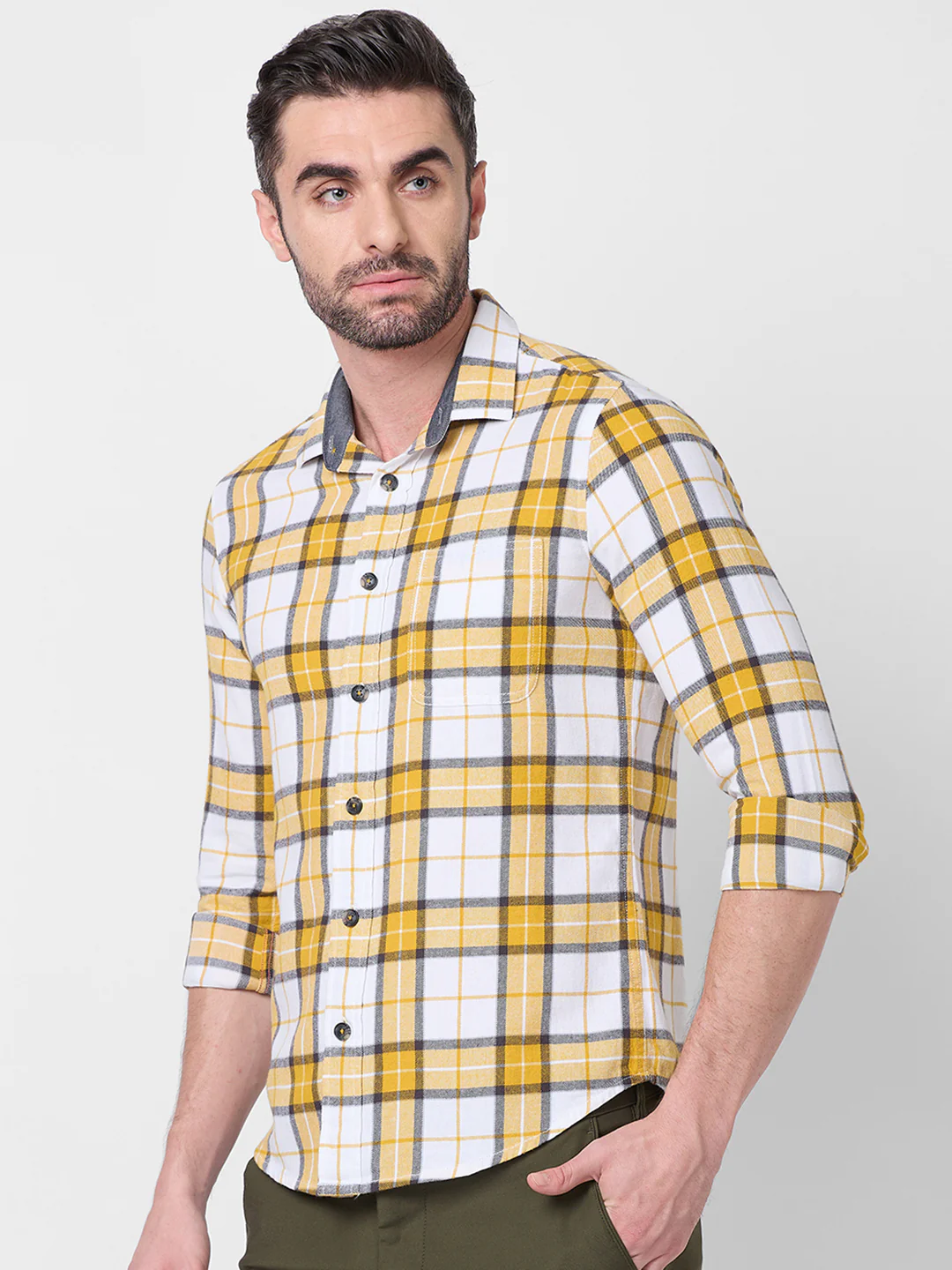 Full sleeves Slim Fit Mustard Brushed Checks Shirt - Image 6