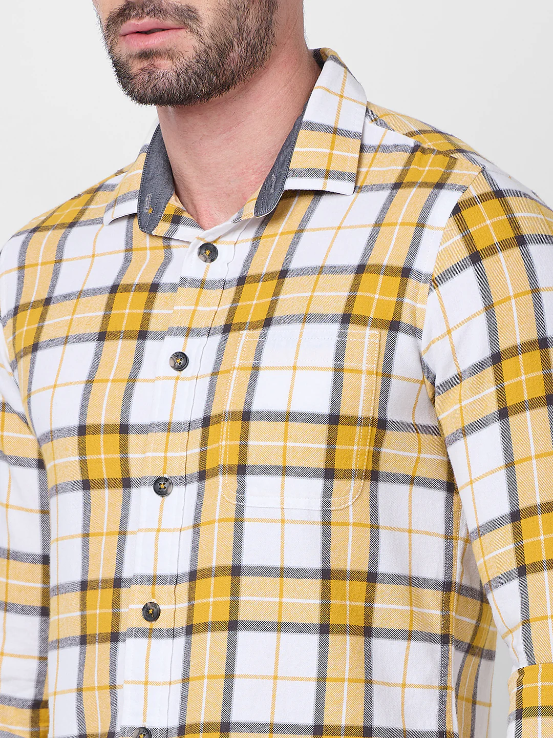 Full sleeves Slim Fit Mustard Brushed Checks Shirt - Image 7