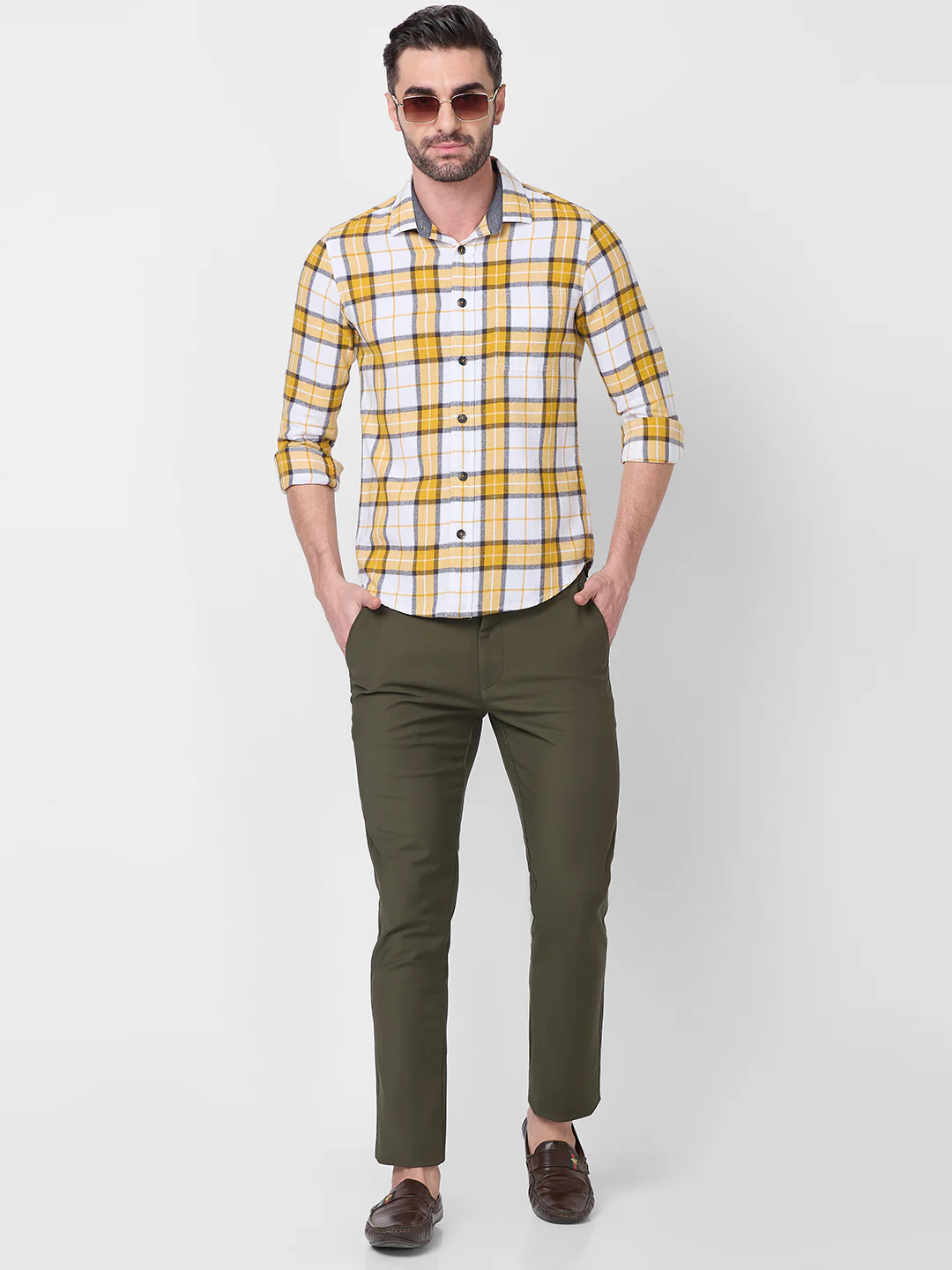 Full sleeves Slim Fit Mustard Brushed Checks Shirt - Image 8