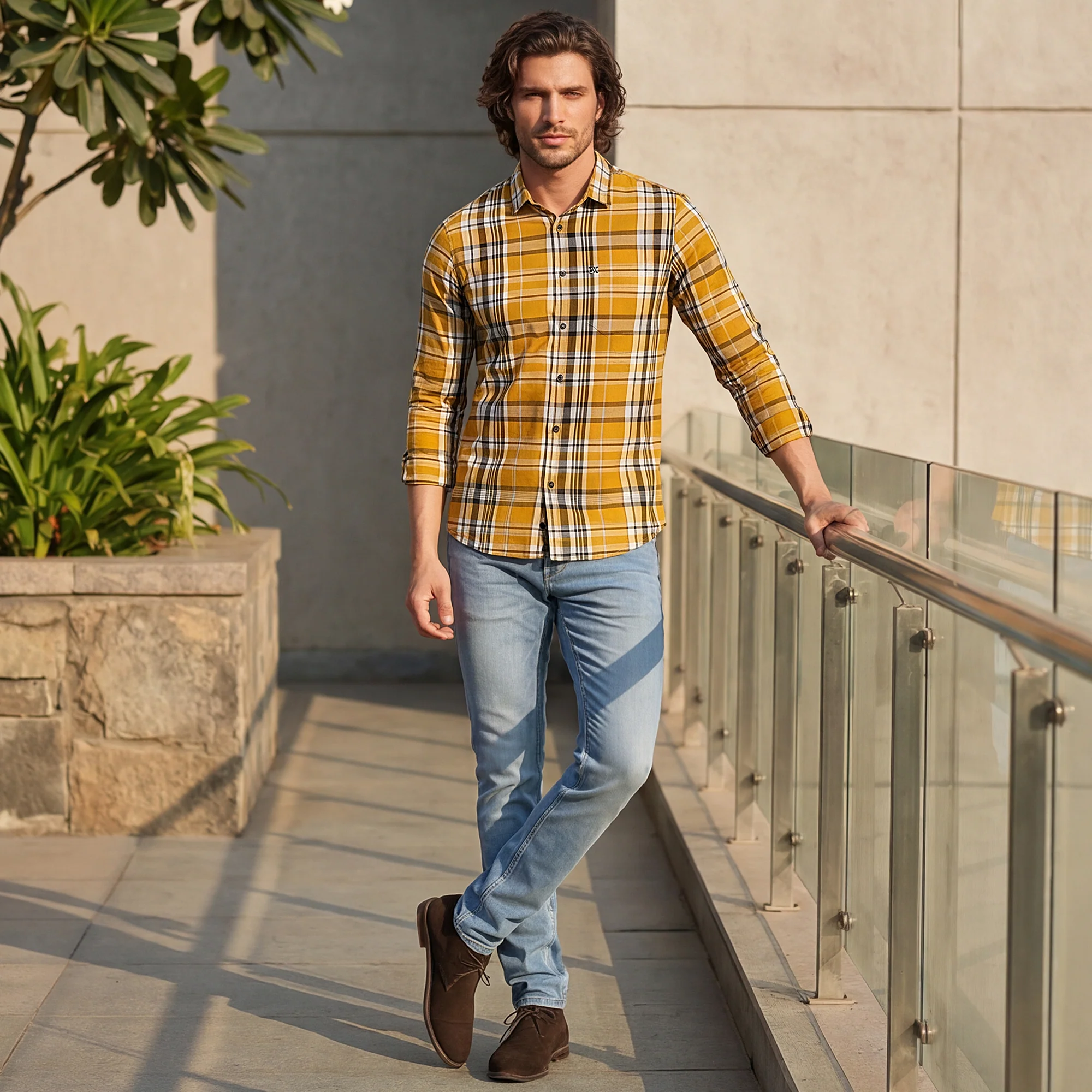 Full Sleeves Slim Fit Mustard Checks Shirt