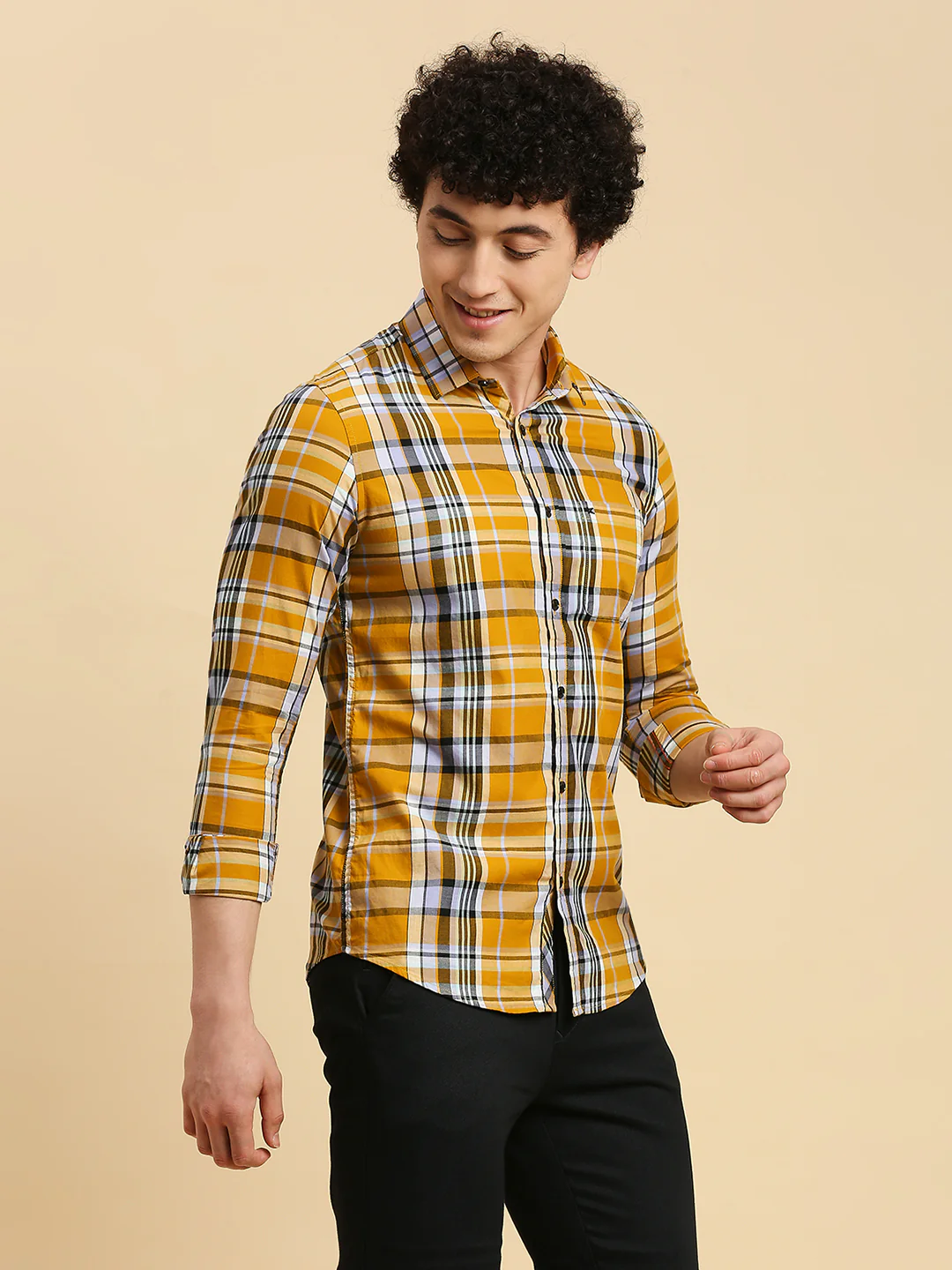 Full Sleeves Slim Fit Mustard Checks Shirt - Image 5
