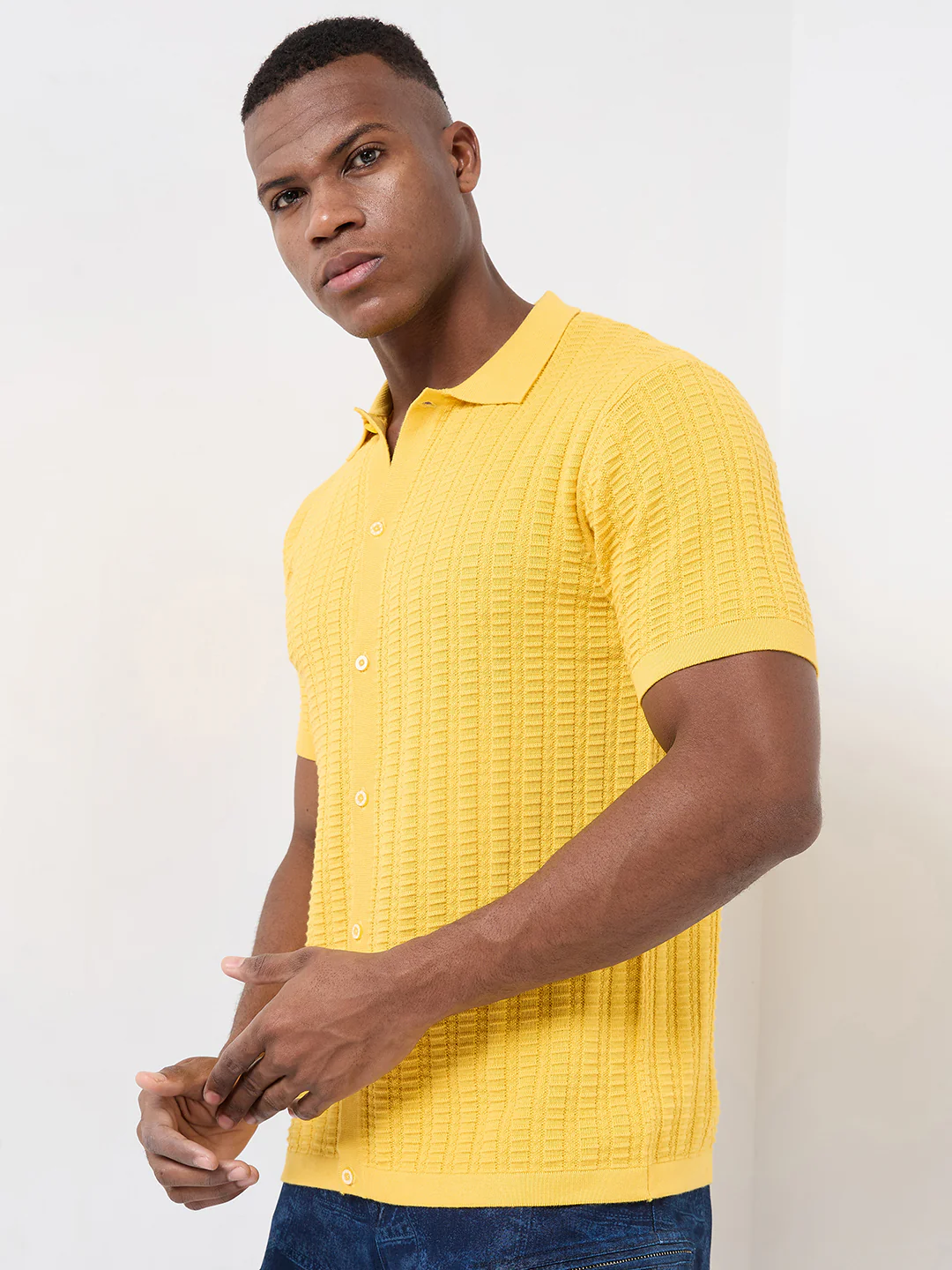 Half Sleeve Slim Fit Mustard Flat knit Shirt - Image 6