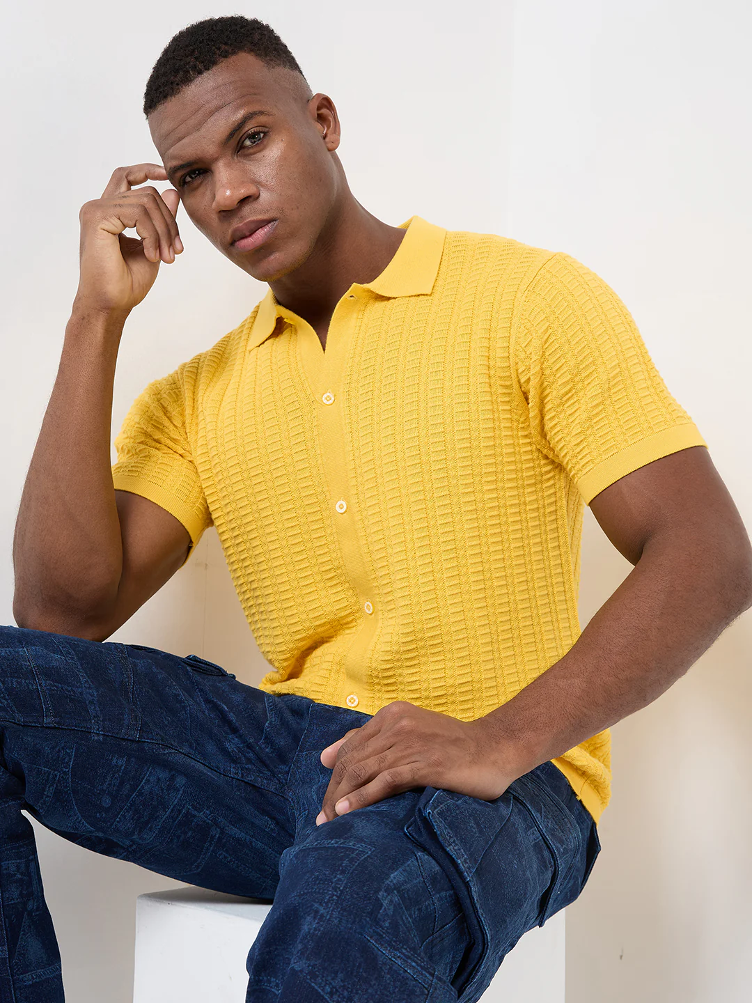 Half Sleeve Slim Fit Mustard Flat knit Shirt - Image 8