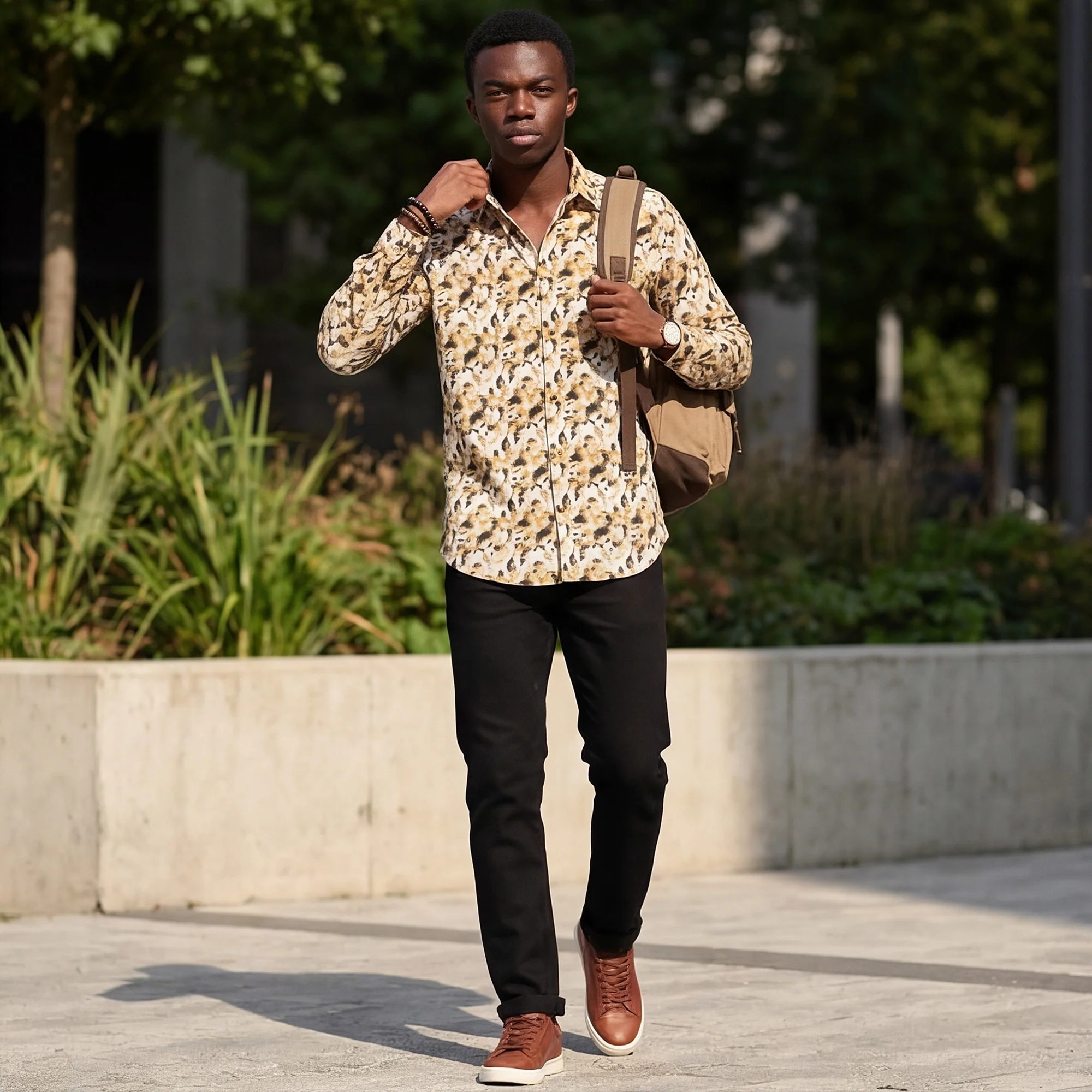 Full sleeves Slim Fit Mustard All-Over Camou Waffle Dobby Print Shirt