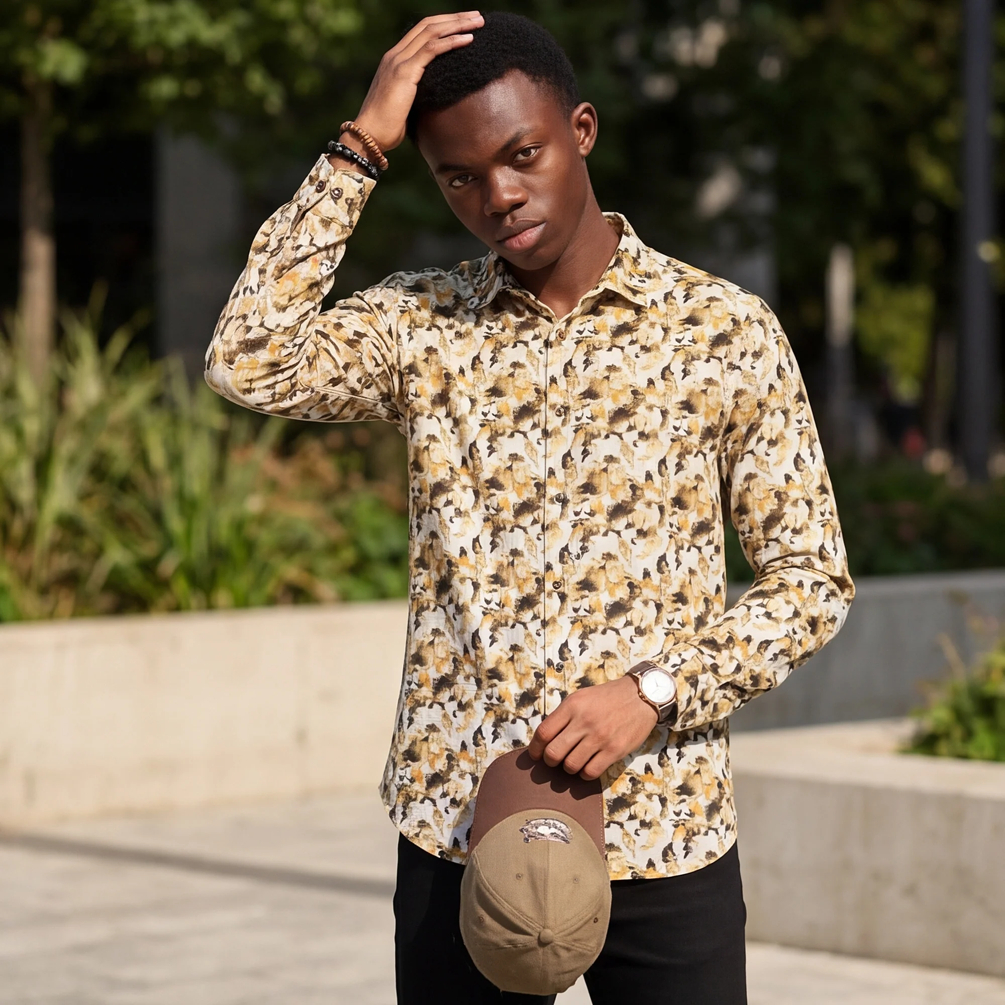Full sleeves Slim Fit Mustard All-Over Camou Waffle Dobby Print Shirt - Image 2