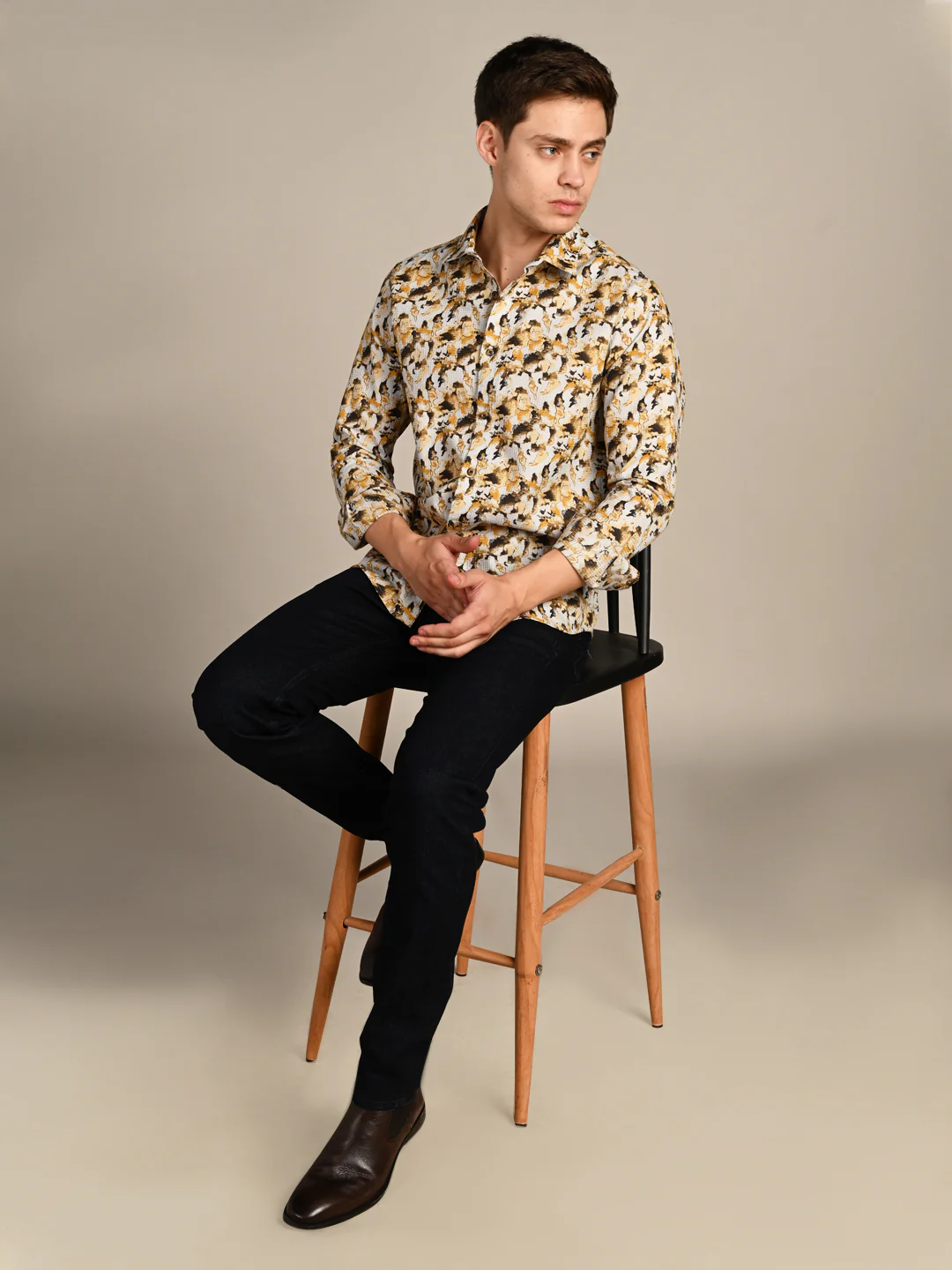Full sleeves Slim Fit Mustard All-Over Camou Waffle Dobby Print Shirt - Image 3