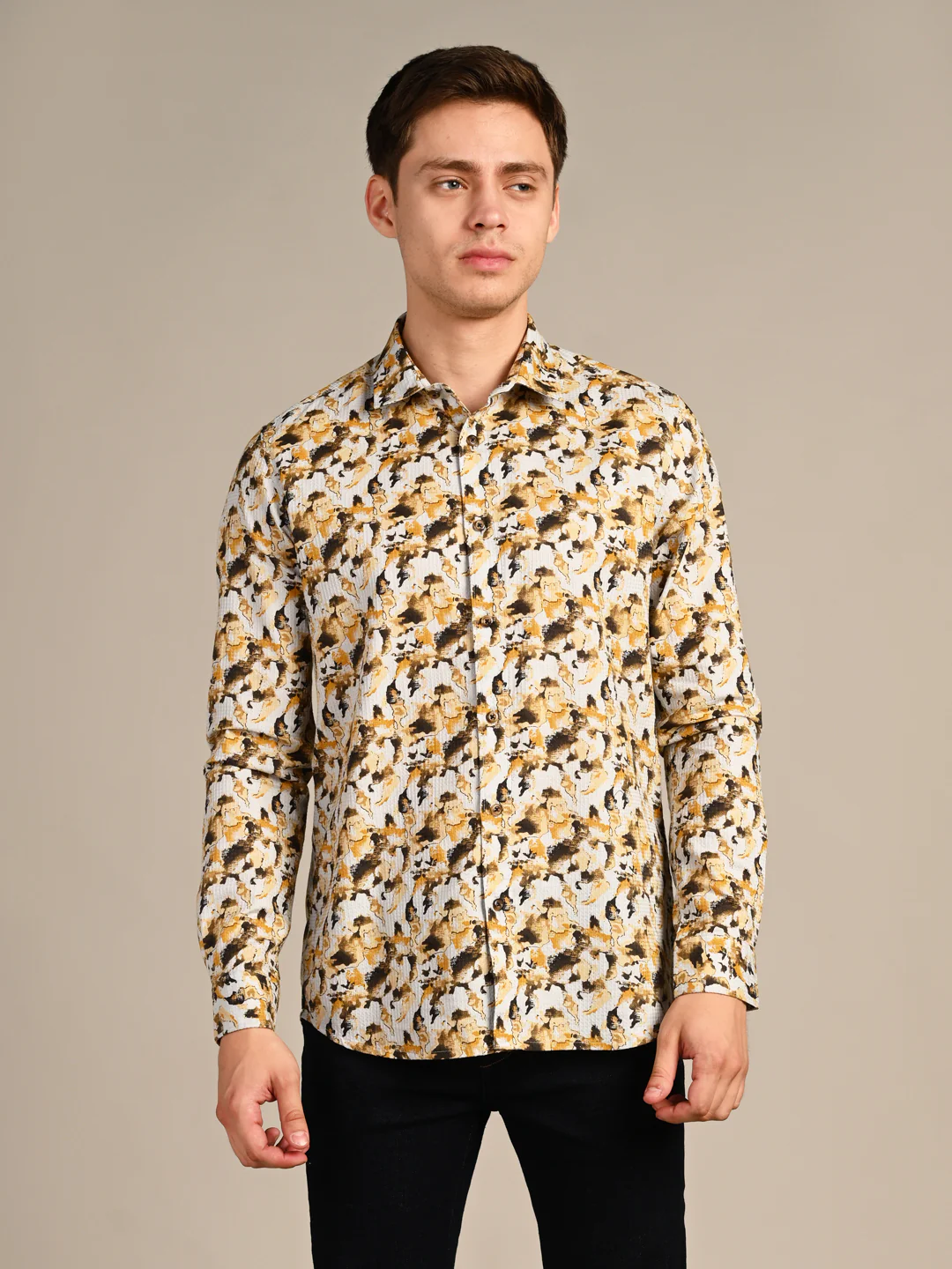 Full sleeves Slim Fit Mustard All-Over Camou Waffle Dobby Print Shirt - Image 4