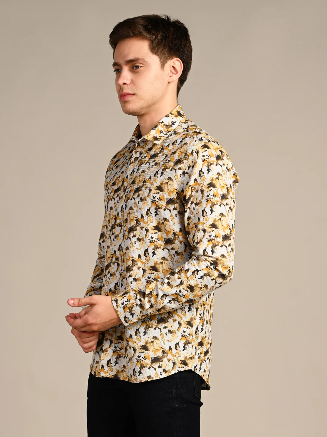 Full sleeves Slim Fit Mustard All-Over Camou Waffle Dobby Print Shirt - Image 5