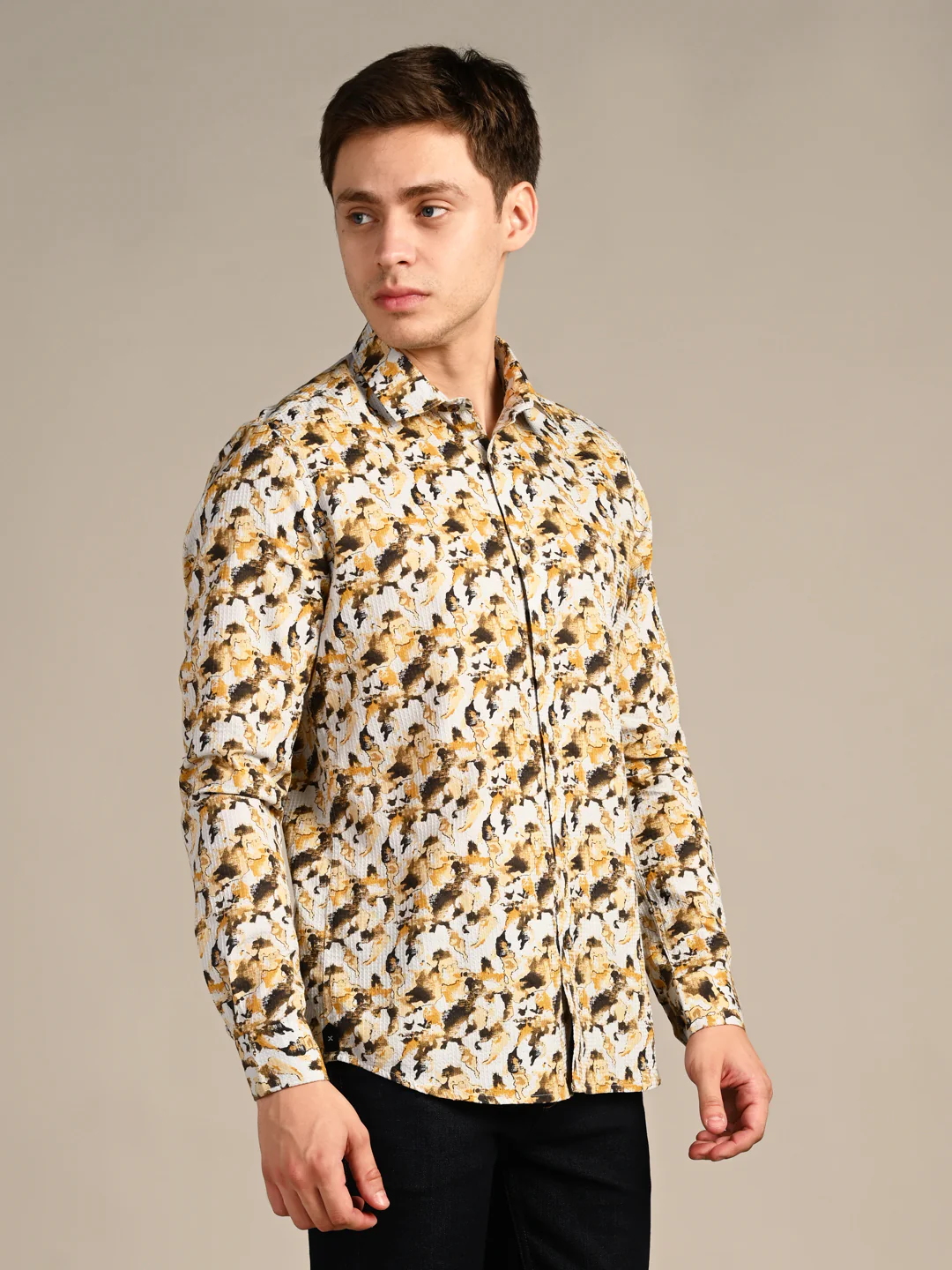 Full sleeves Slim Fit Mustard All-Over Camou Waffle Dobby Print Shirt - Image 6