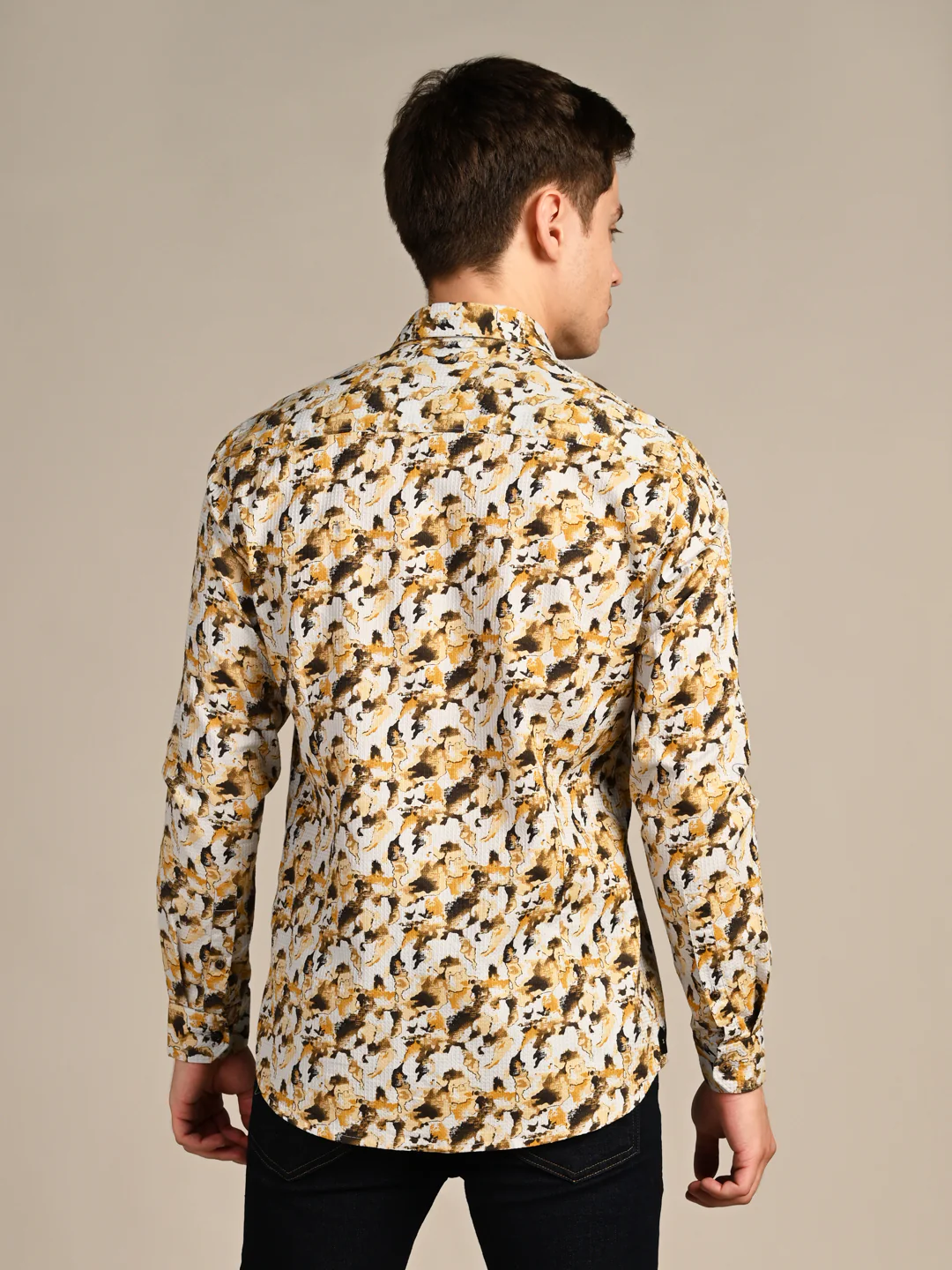 Full sleeves Slim Fit Mustard All-Over Camou Waffle Dobby Print Shirt - Image 7