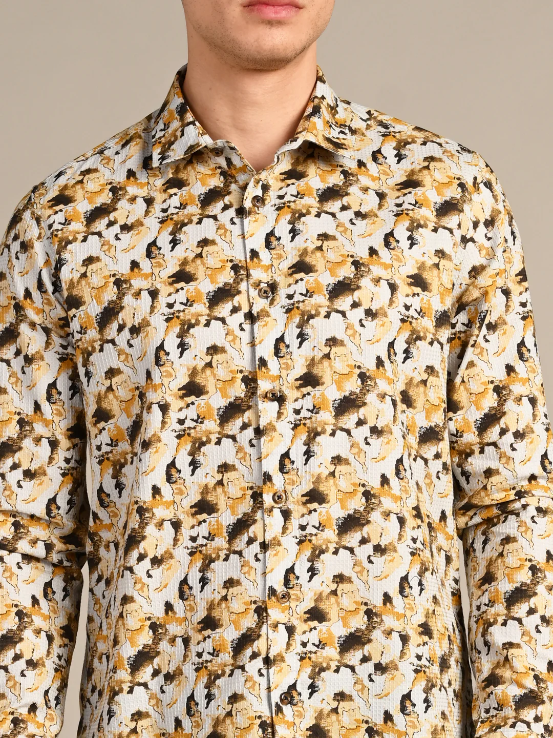 Full sleeves Slim Fit Mustard All-Over Camou Waffle Dobby Print Shirt - Image 8