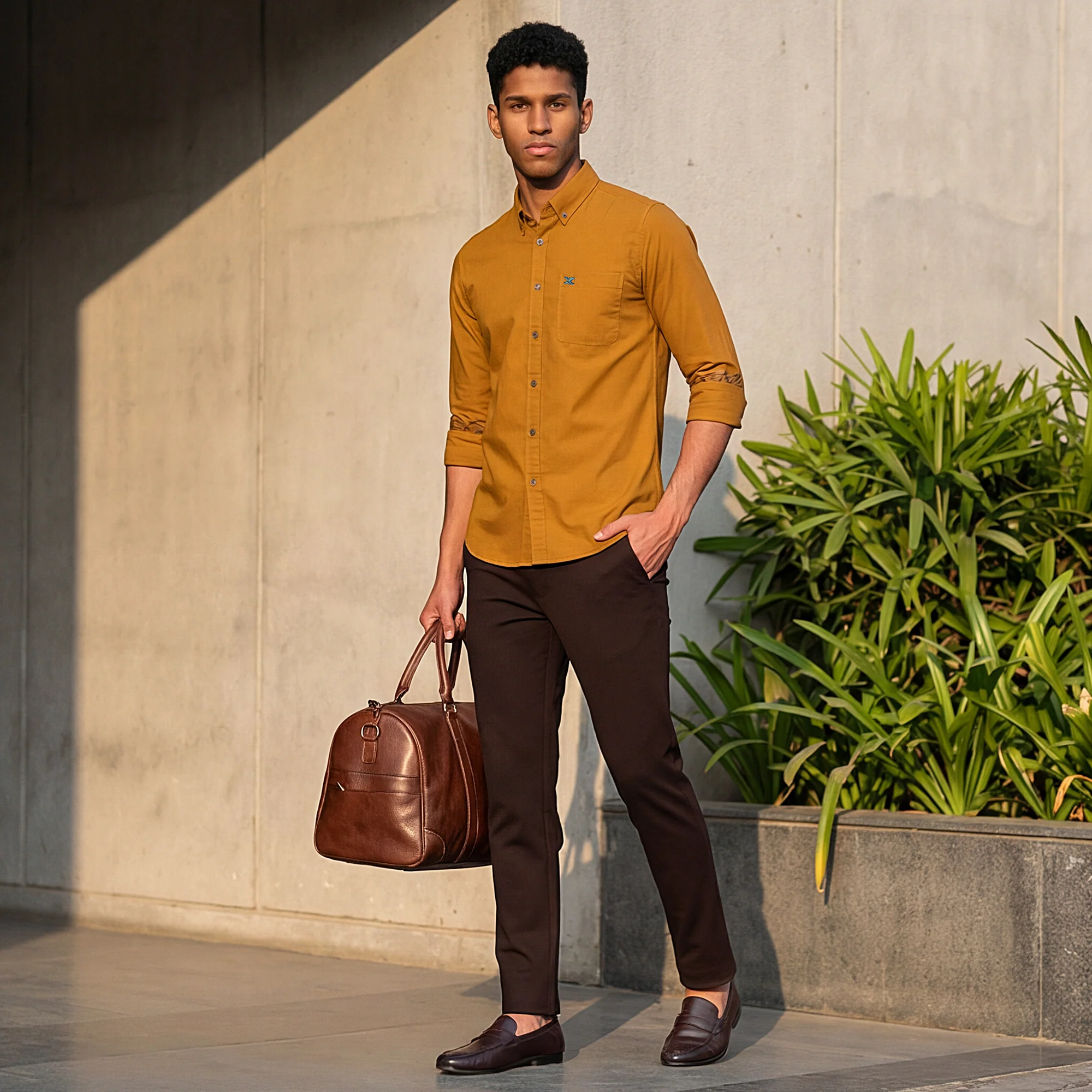 Full Sleeves Slim Fit Mustard Button-Down Oxford Solid Shirt