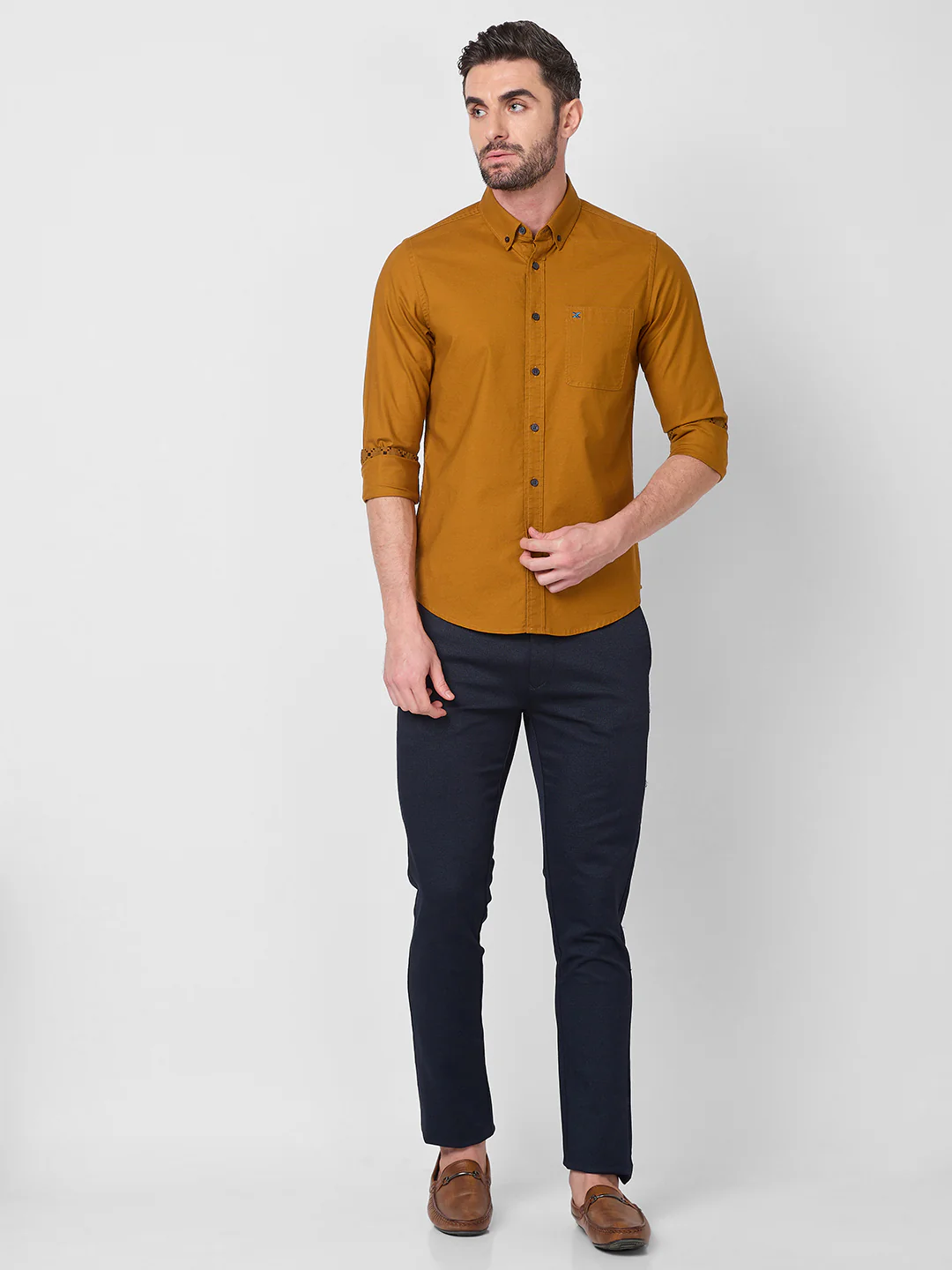 Full Sleeves Slim Fit Mustard Button-Down Oxford Solid Shirt - Image 4