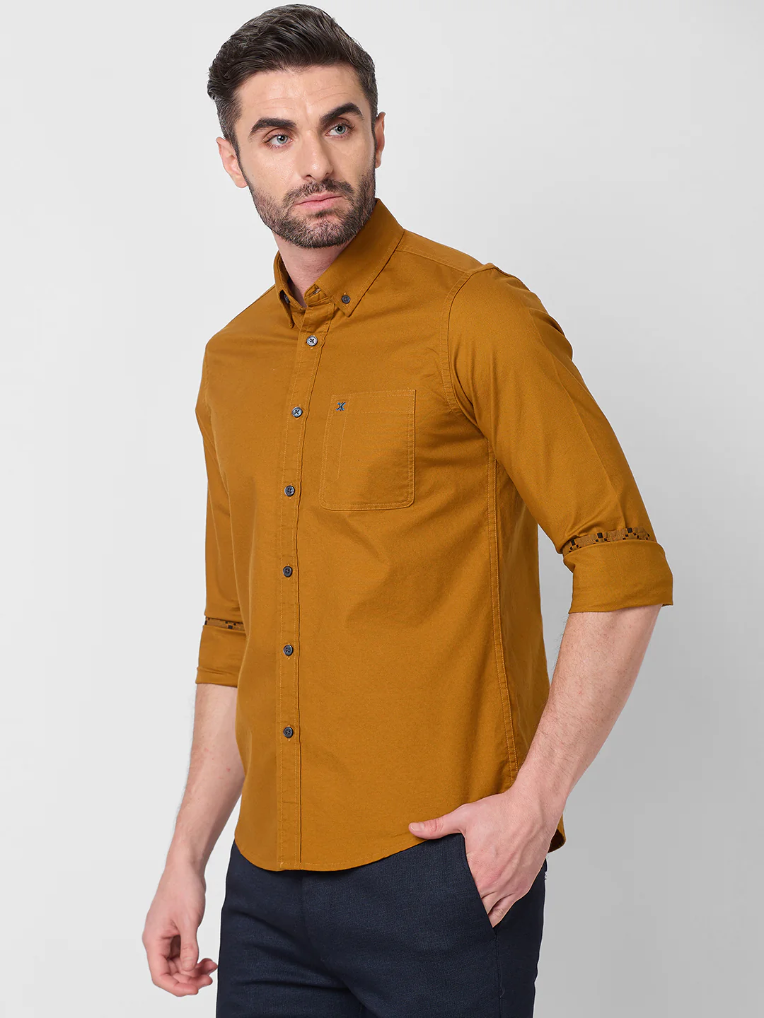 Full Sleeves Slim Fit Mustard Button-Down Oxford Solid Shirt - Image 6