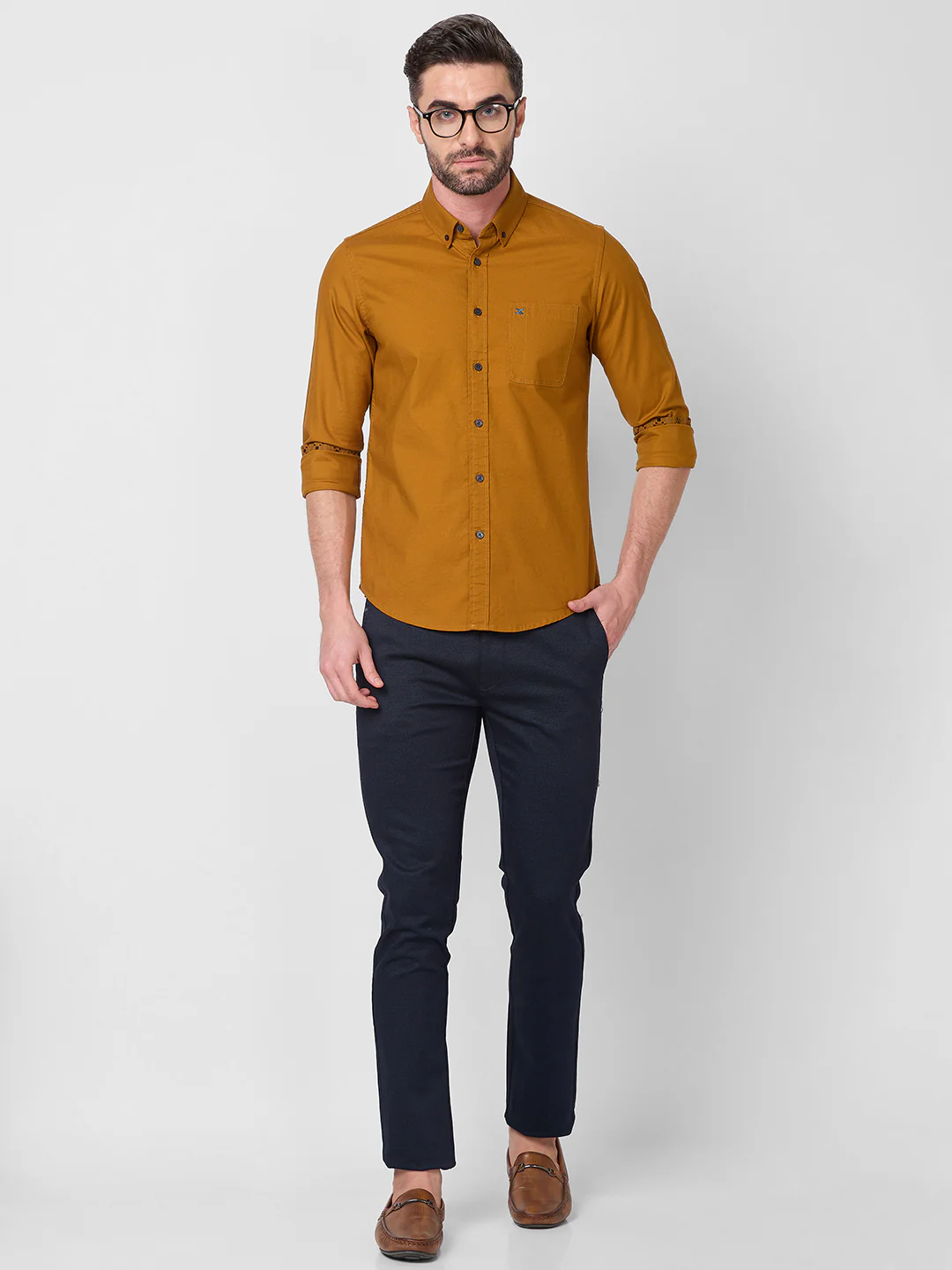 Full Sleeves Slim Fit Mustard Button-Down Oxford Solid Shirt - Image 8
