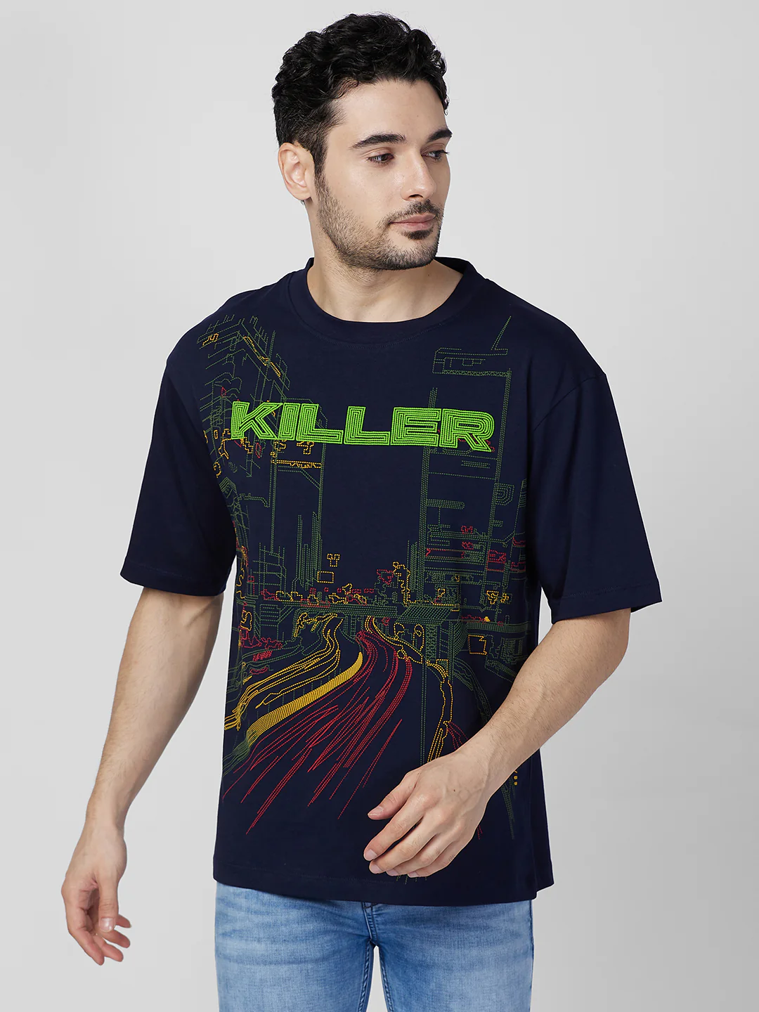 Killer Men Navy Blue Printed Round Neck T-Shirts - Image 3