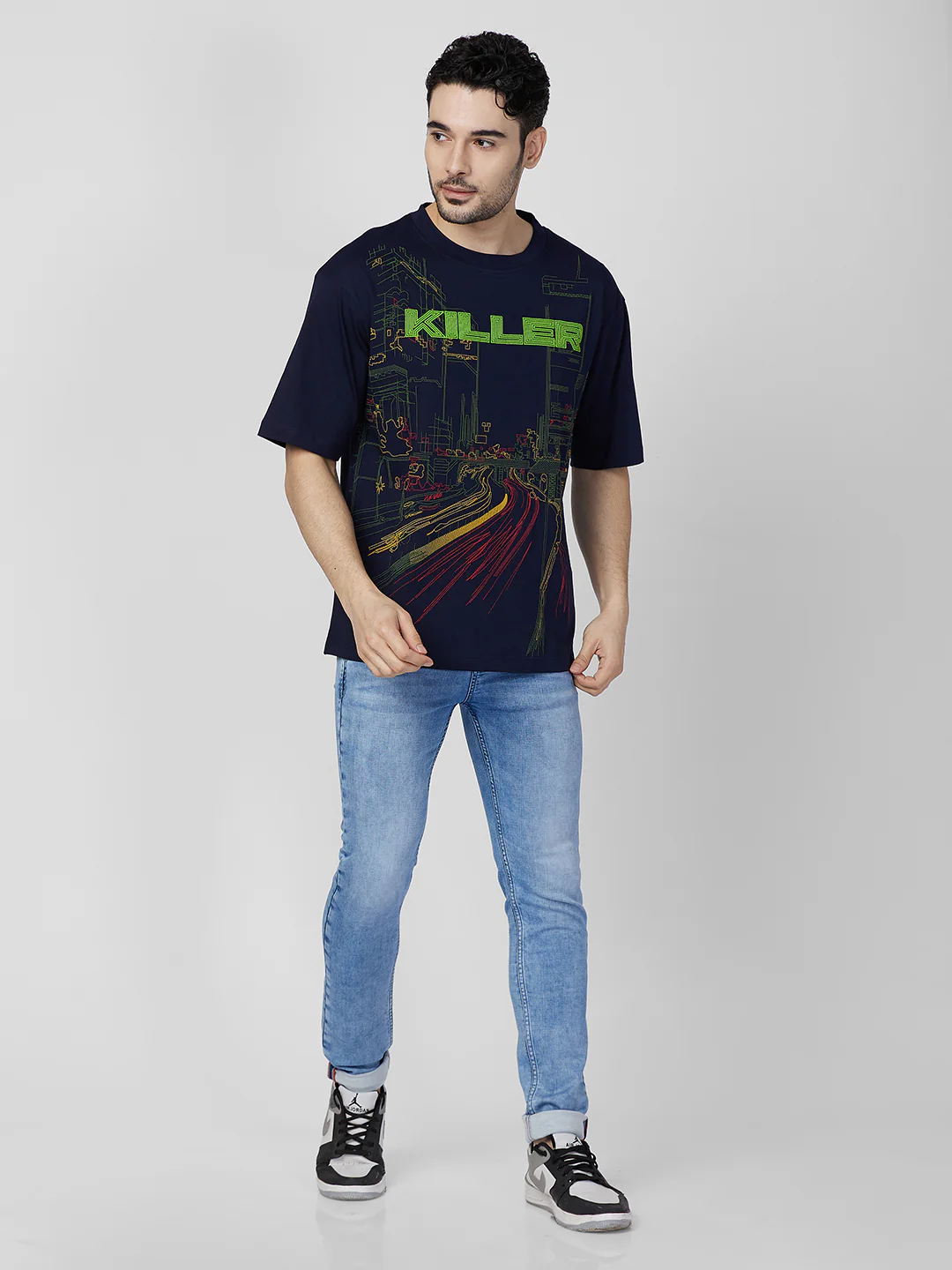 Killer Men Navy Blue Printed Round Neck T-Shirts - Image 4