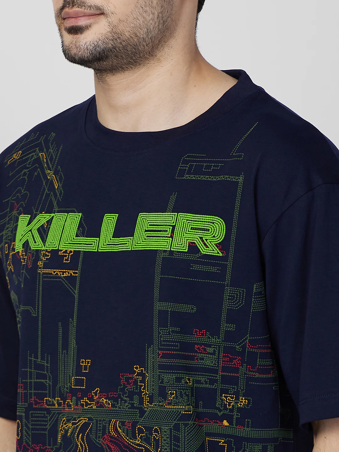 Killer Men Navy Blue Printed Round Neck T-Shirts - Image 7
