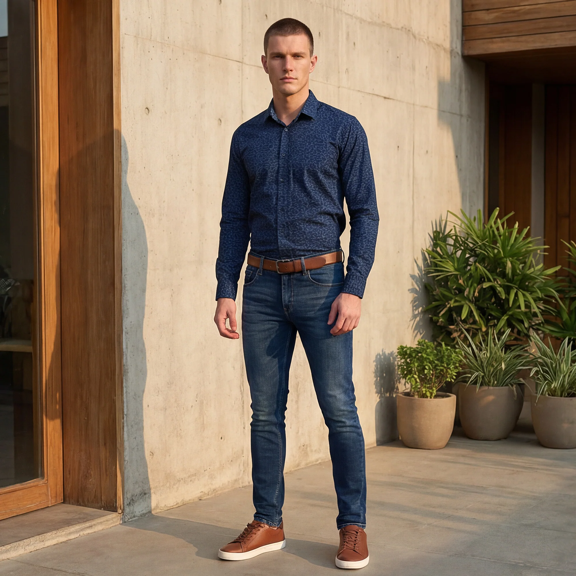 Full sleeves Slim Fit Navy Abstract Linear Geometric Print Shirt