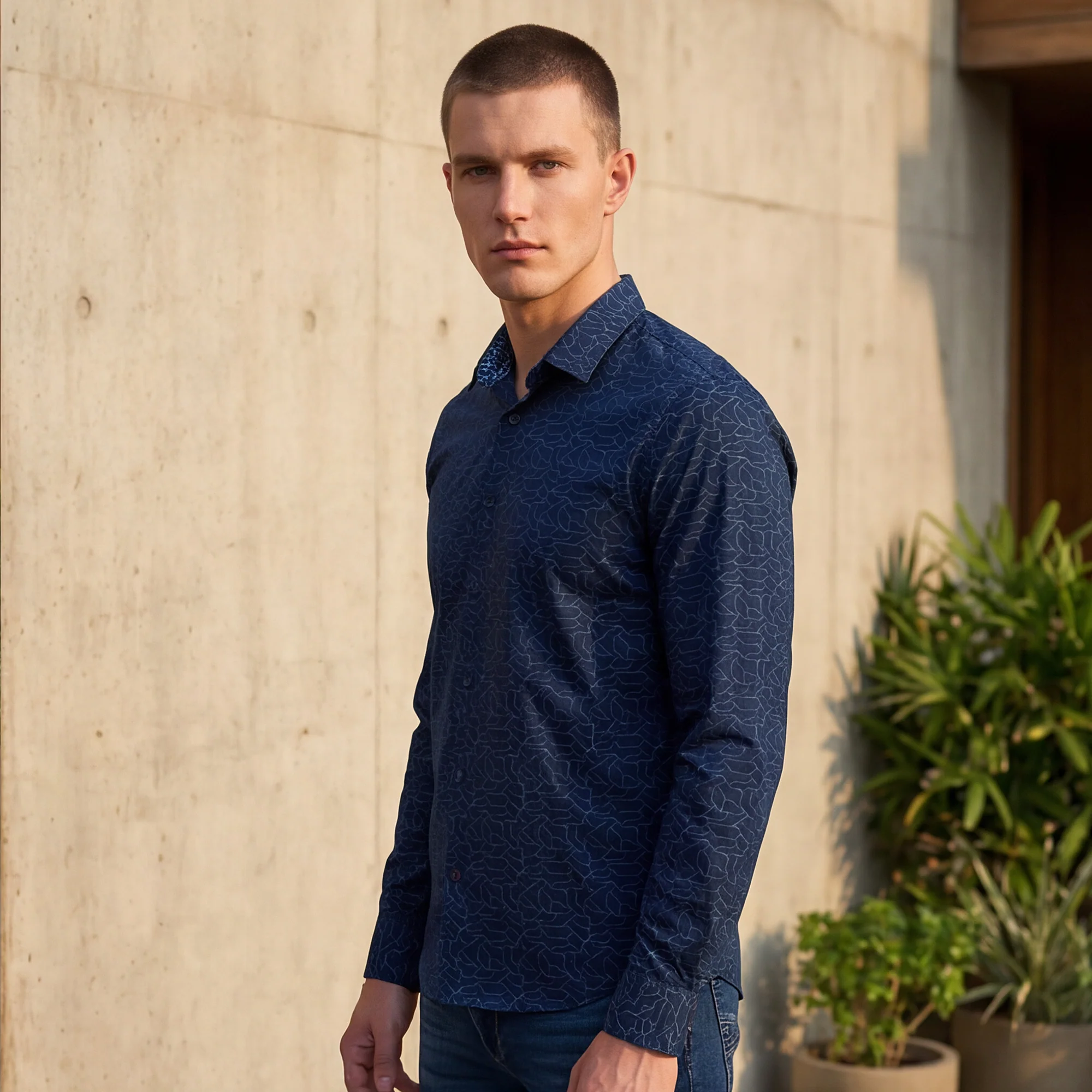 Full sleeves Slim Fit Navy Abstract Linear Geometric Print Shirt - Image 2