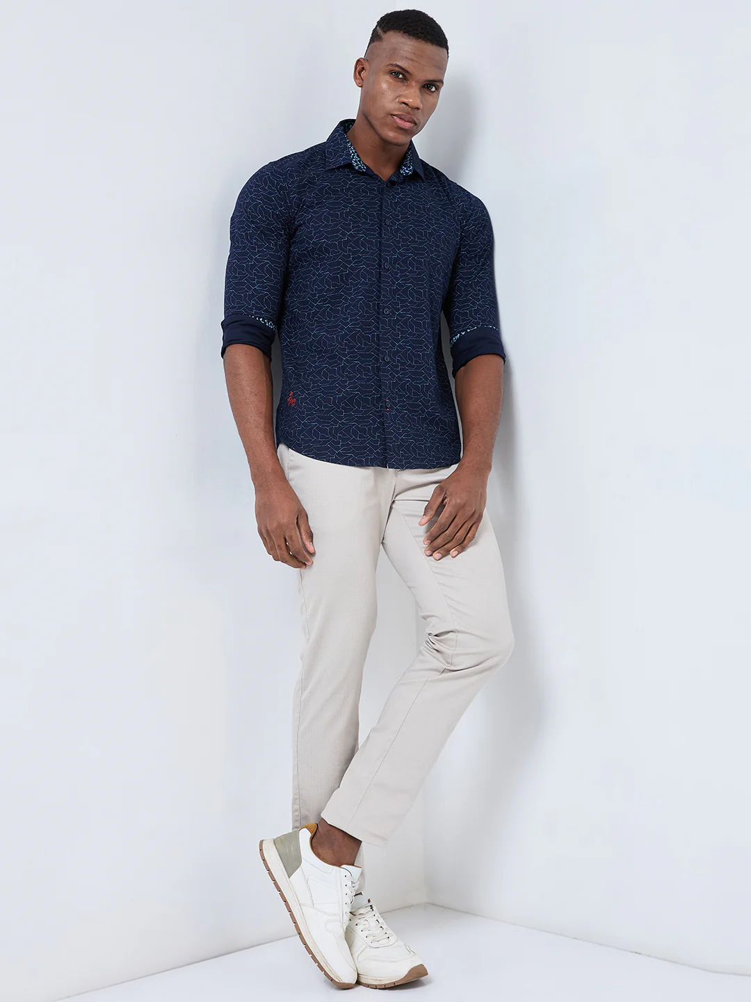 Full sleeves Slim Fit Navy Abstract Linear Geometric Print Shirt - Image 3