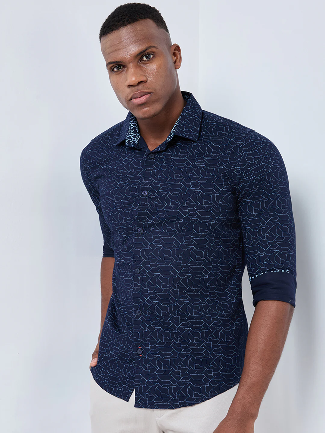 Full sleeves Slim Fit Navy Abstract Linear Geometric Print Shirt - Image 4