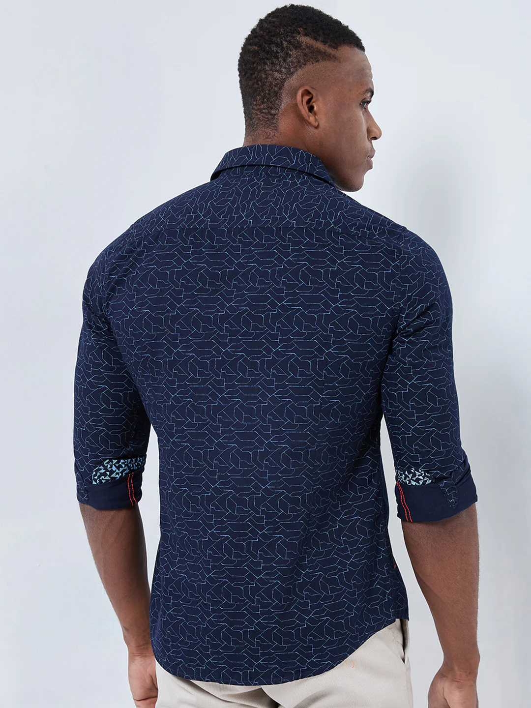Full sleeves Slim Fit Navy Abstract Linear Geometric Print Shirt - Image 5