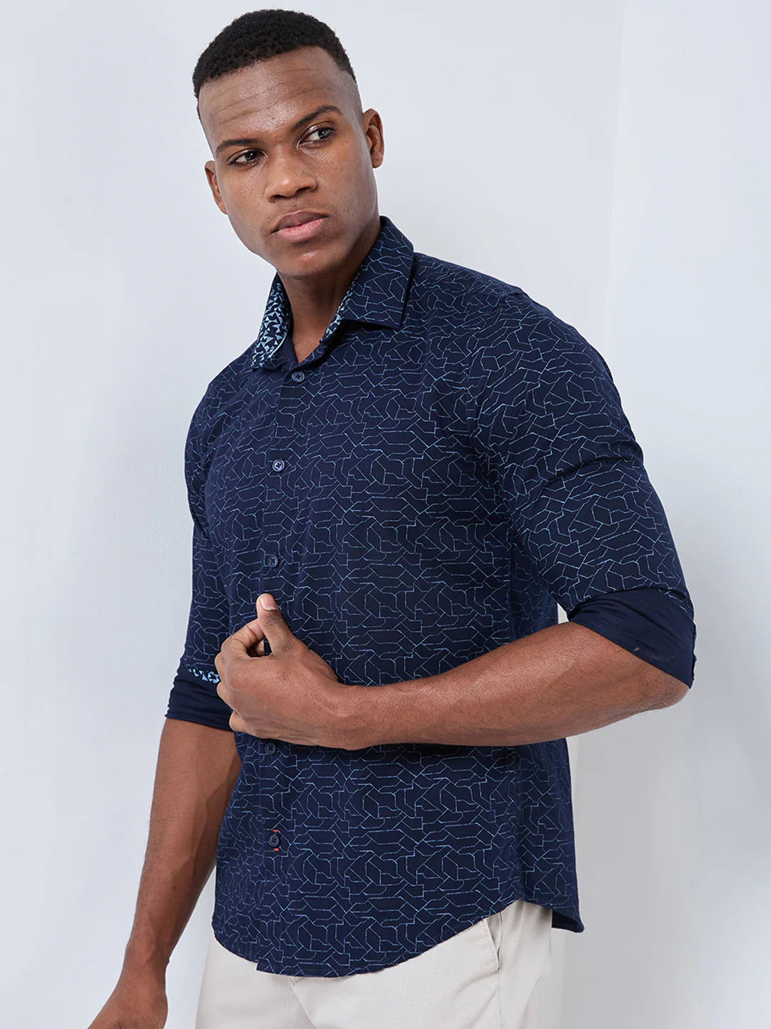 Full sleeves Slim Fit Navy Abstract Linear Geometric Print Shirt - Image 6