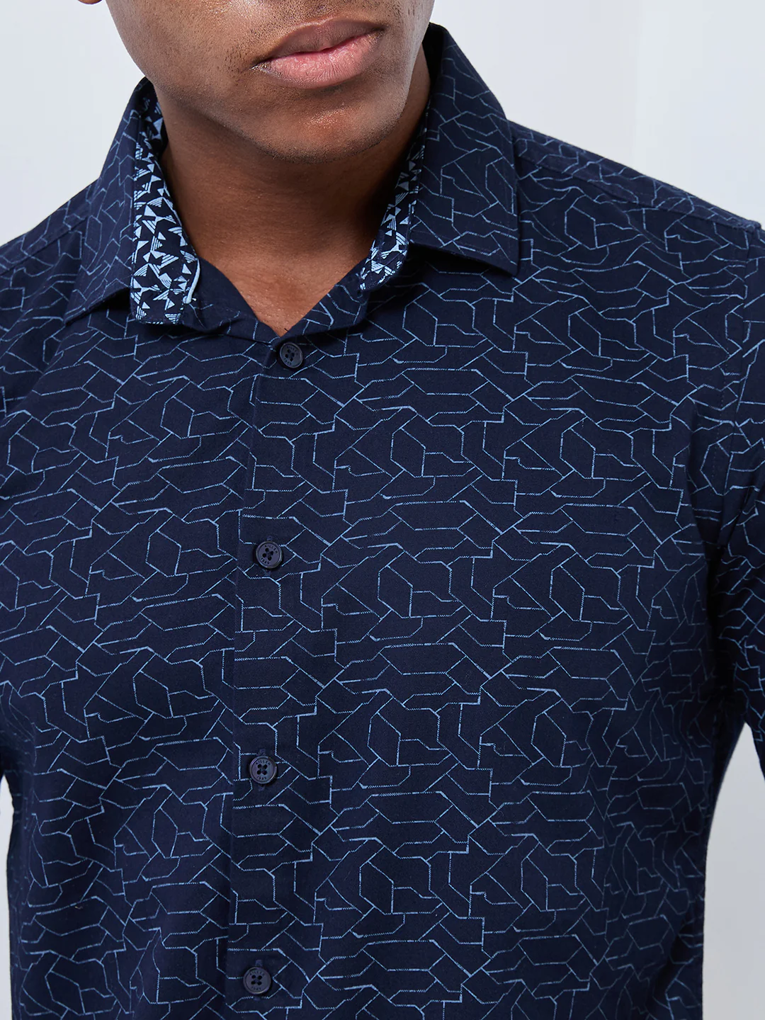 Full sleeves Slim Fit Navy Abstract Linear Geometric Print Shirt - Image 7