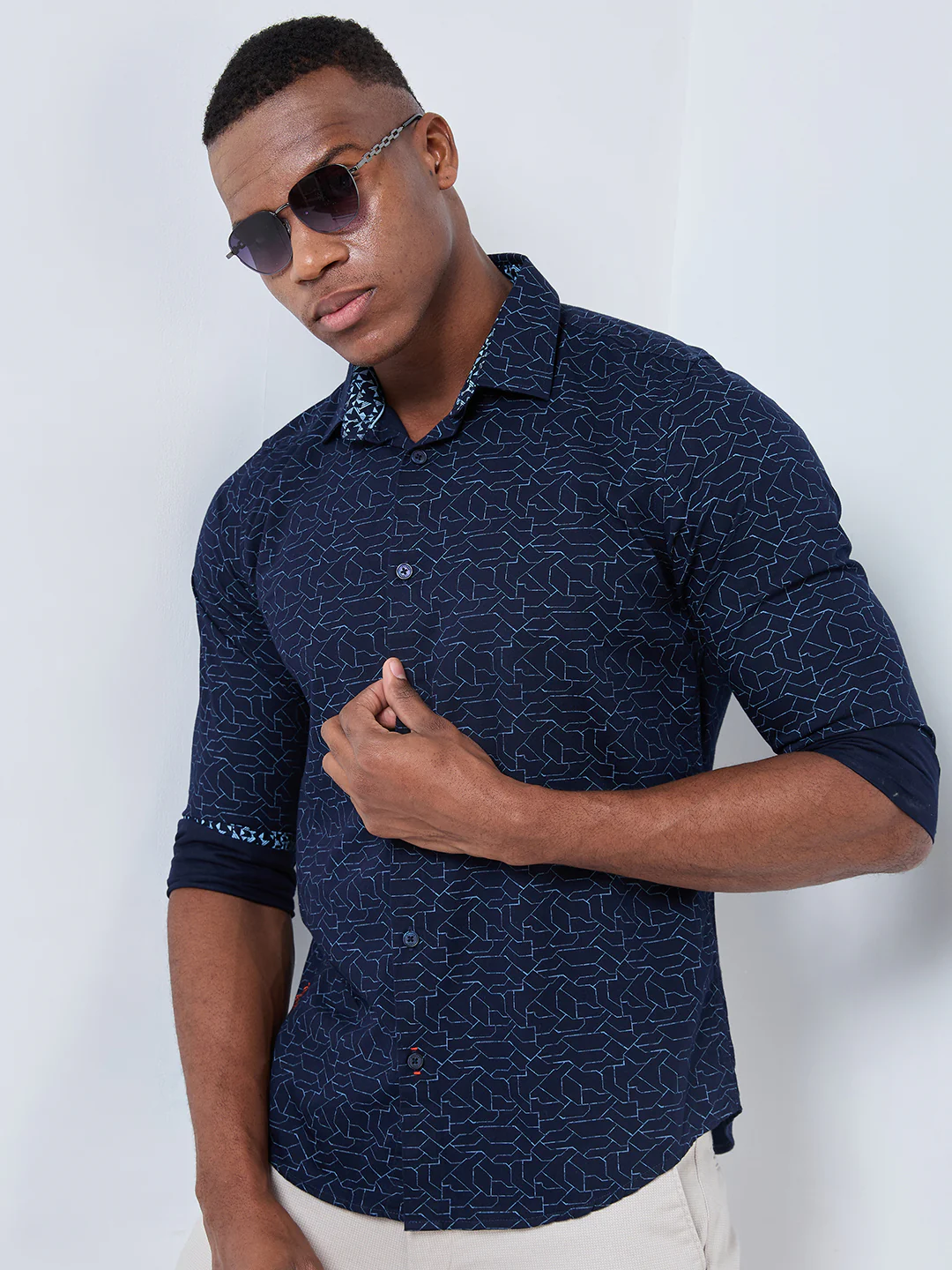 Full sleeves Slim Fit Navy Abstract Linear Geometric Print Shirt - Image 8