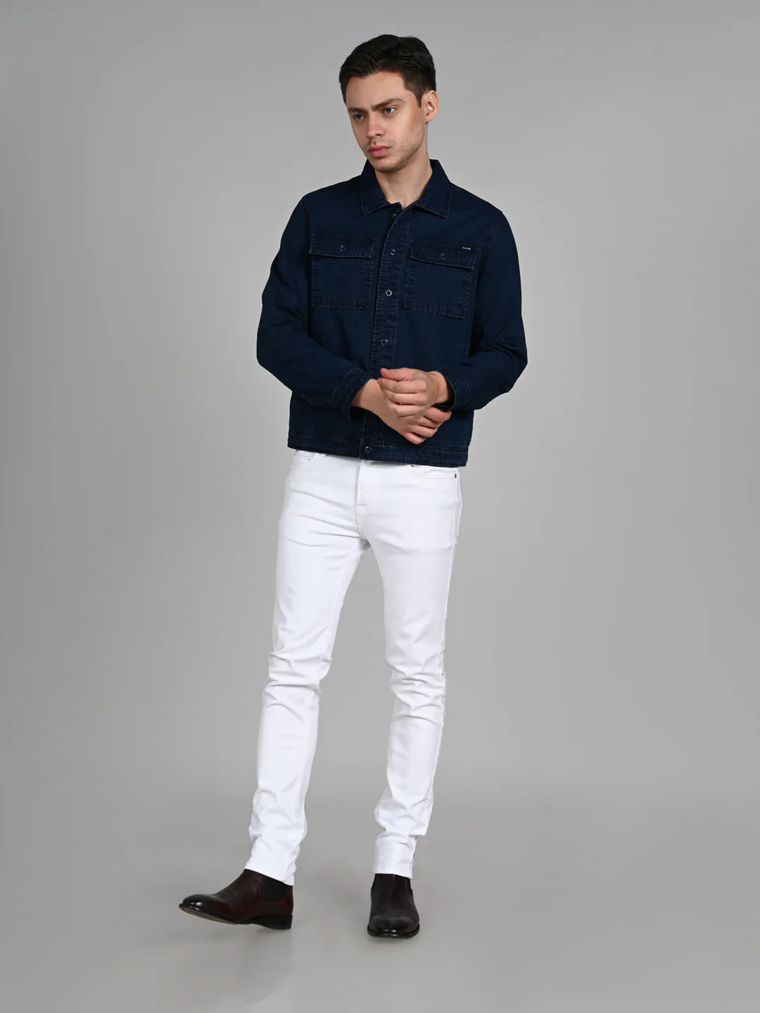 Full Sleeves Loose Fit Navy Indigo Dark Wash Double Pocket Ripstop Shacket. - Image 3