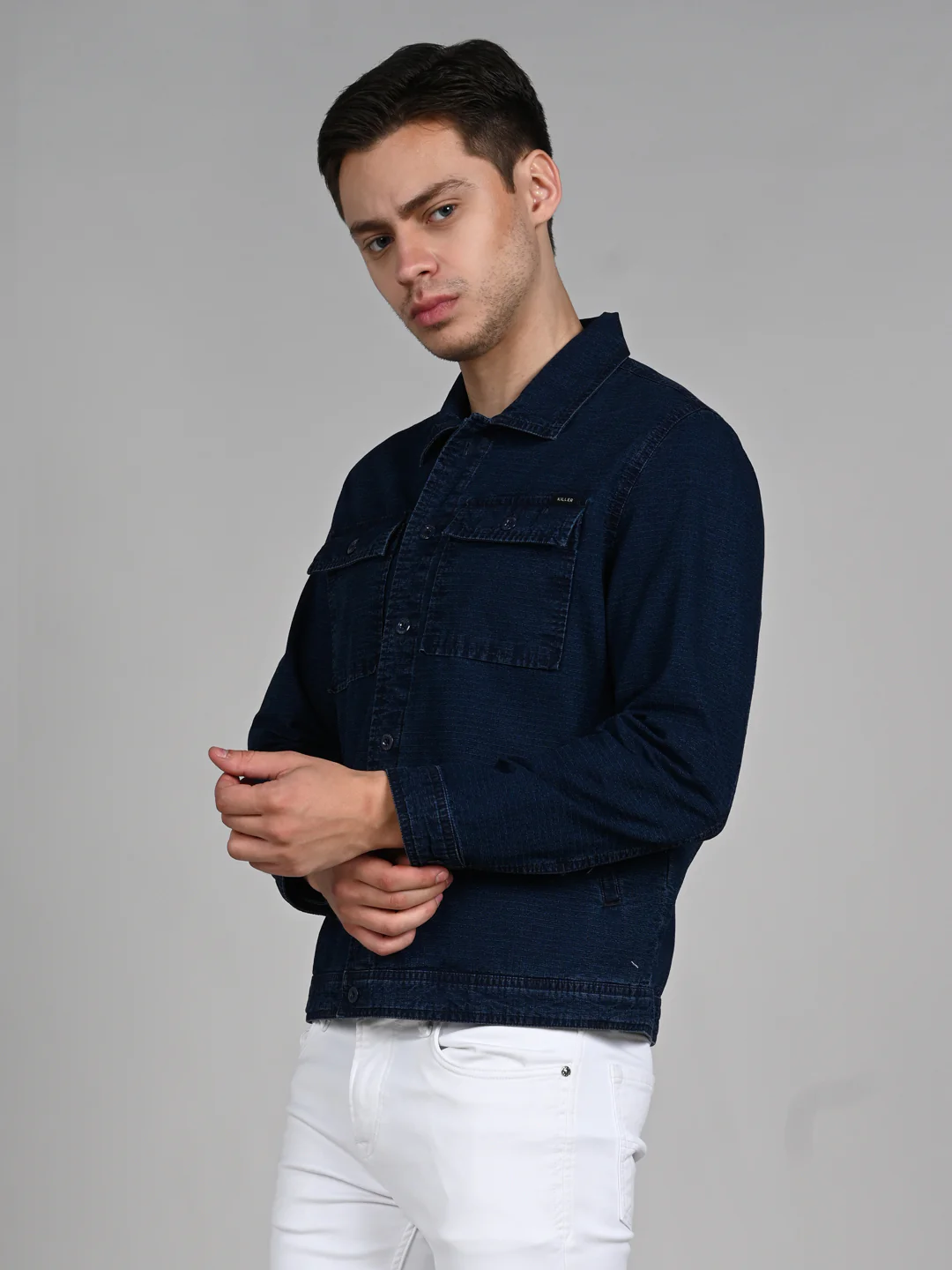 Full Sleeves Loose Fit Navy Indigo Dark Wash Double Pocket Ripstop Shacket. - Image 6