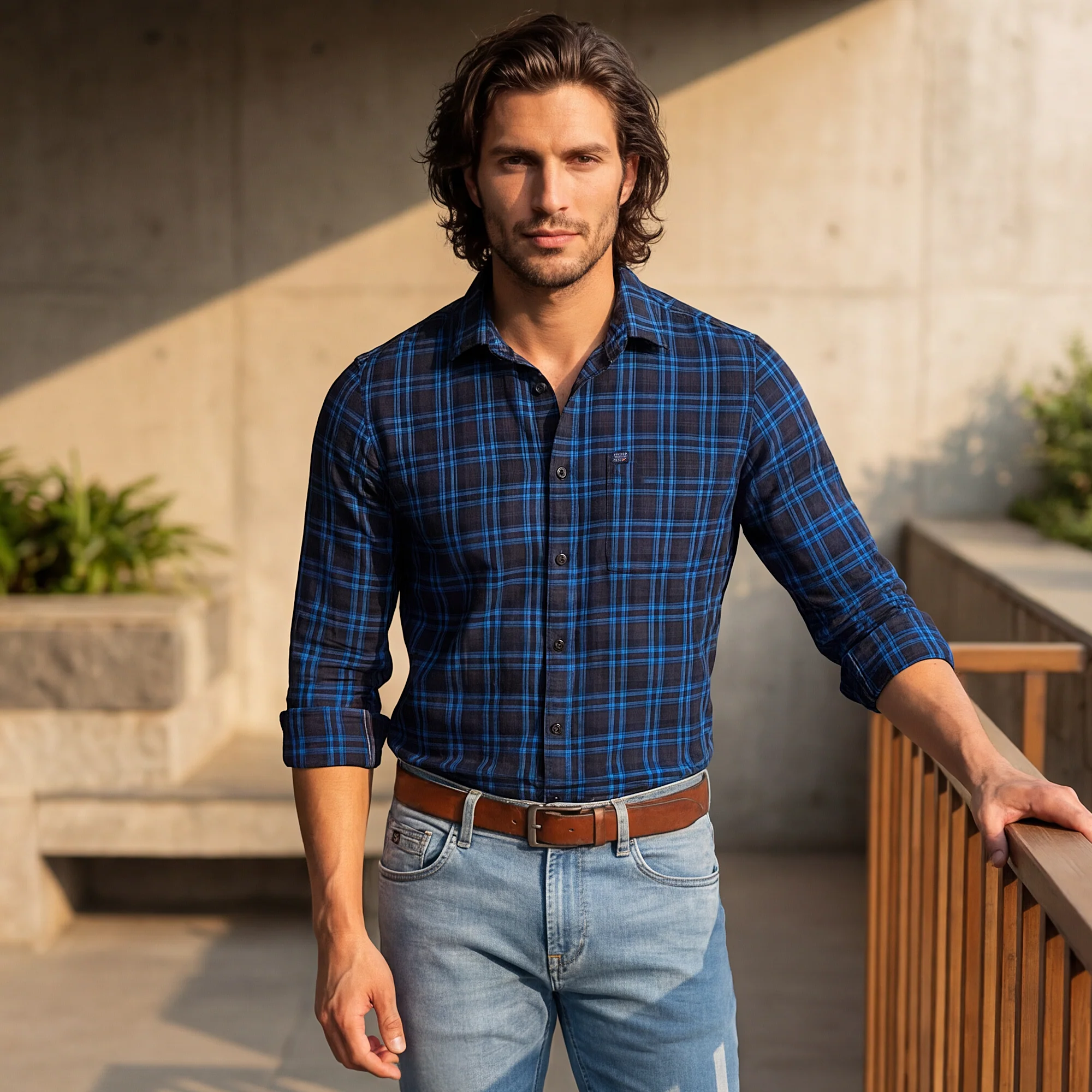 Full Sleeves Slim Fit Navy Checks Shirt - Image 2